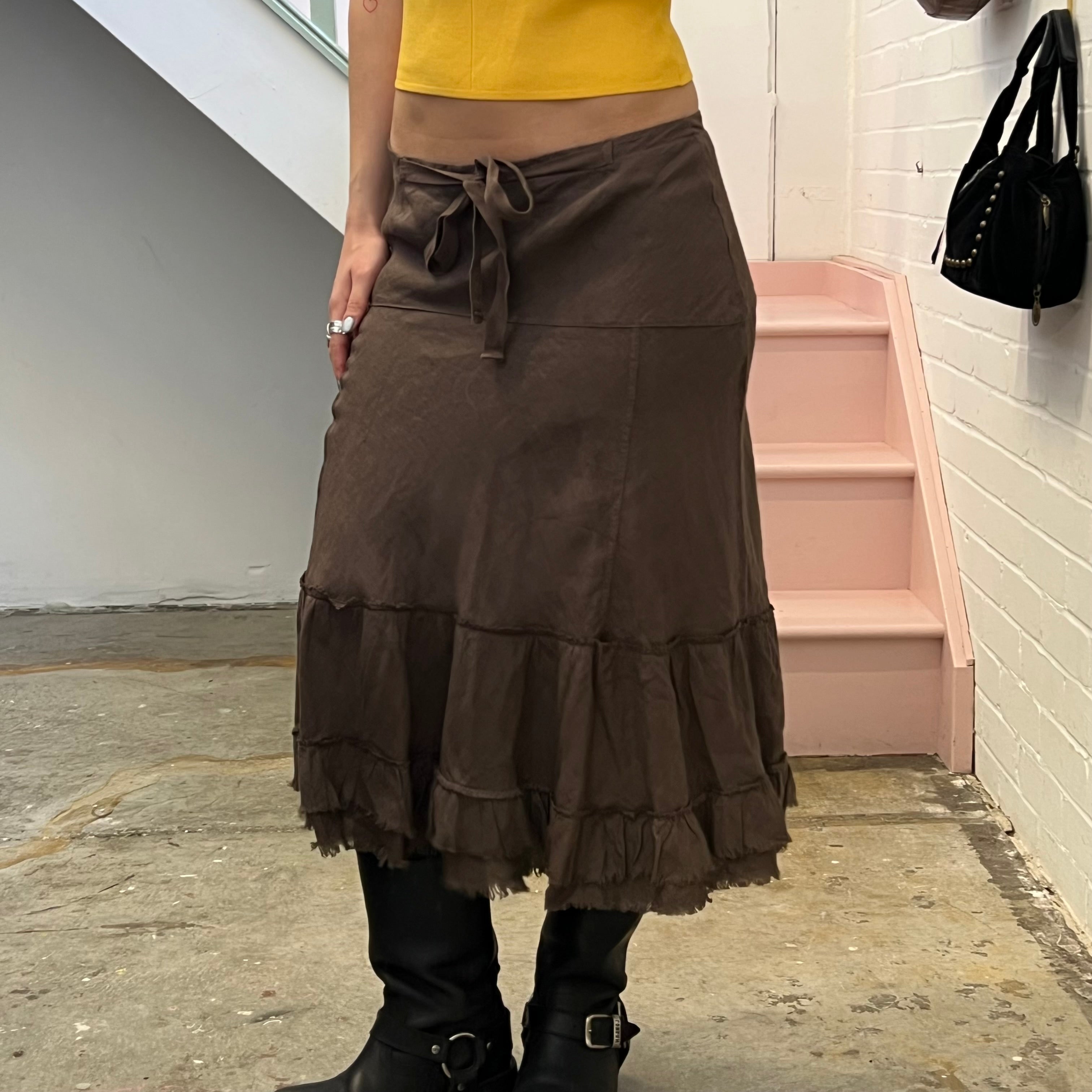 Brown linen ruffle maxi skirt