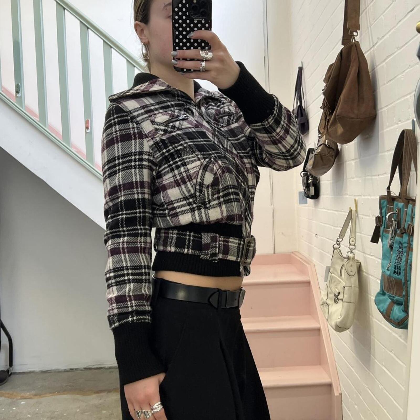 purple and white check wool zip up bomber jacket with belted waist