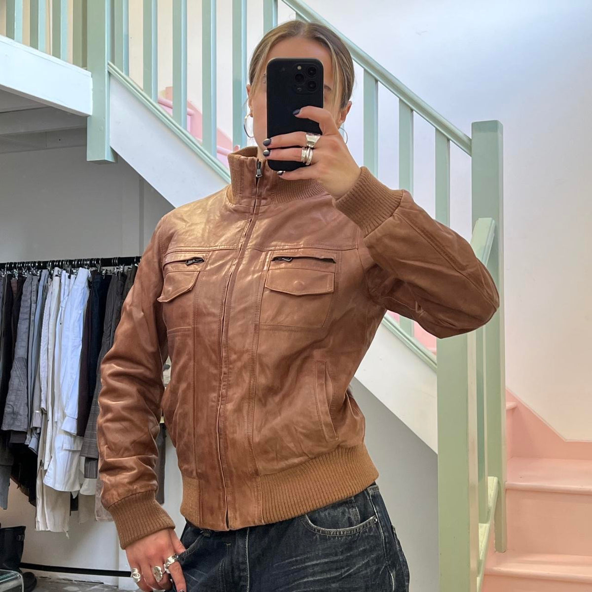 Brown zip up leather bomber jacket