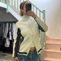 White and grey ribbed knitted zip up sweater