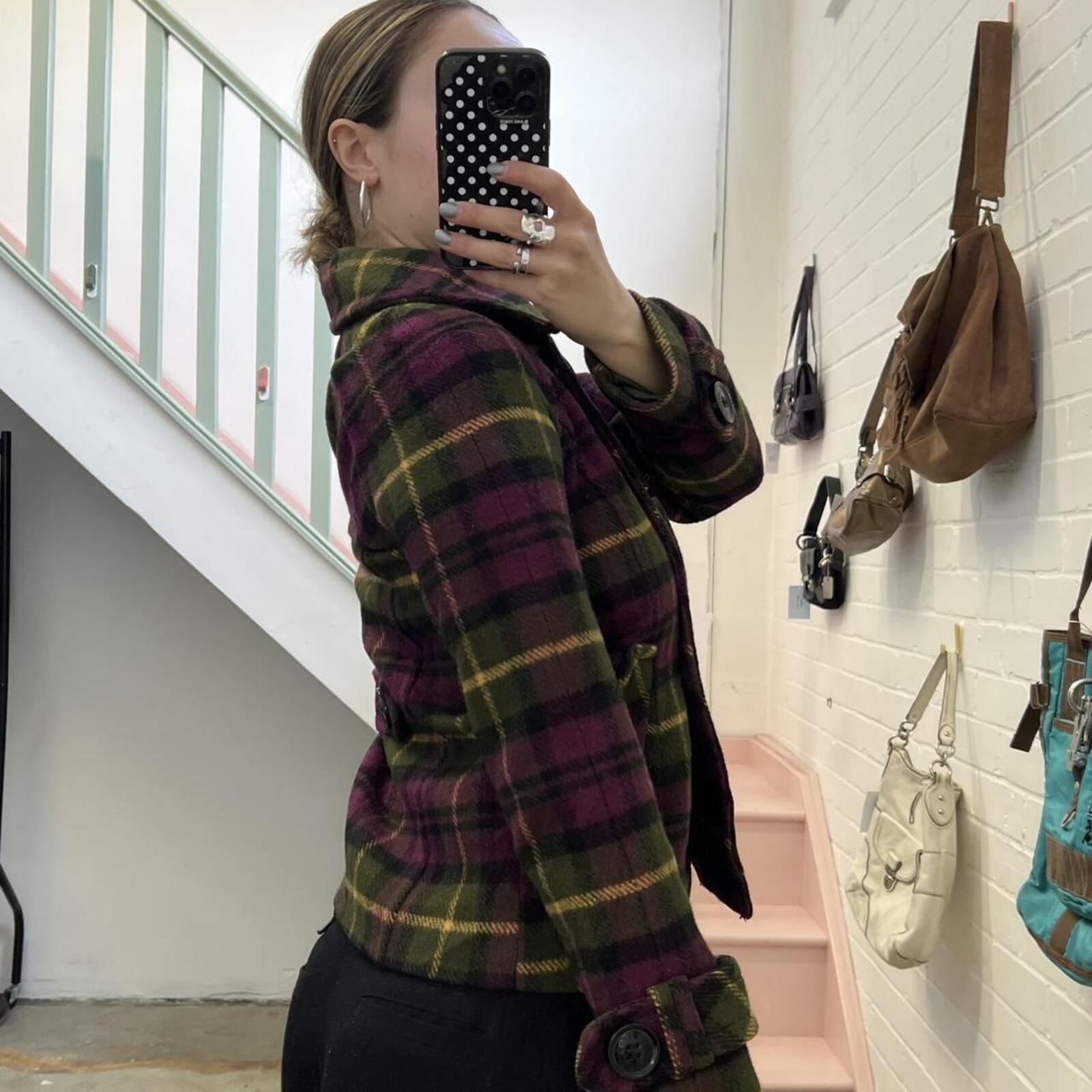 purple and green checkered gingham button up wool peacoat