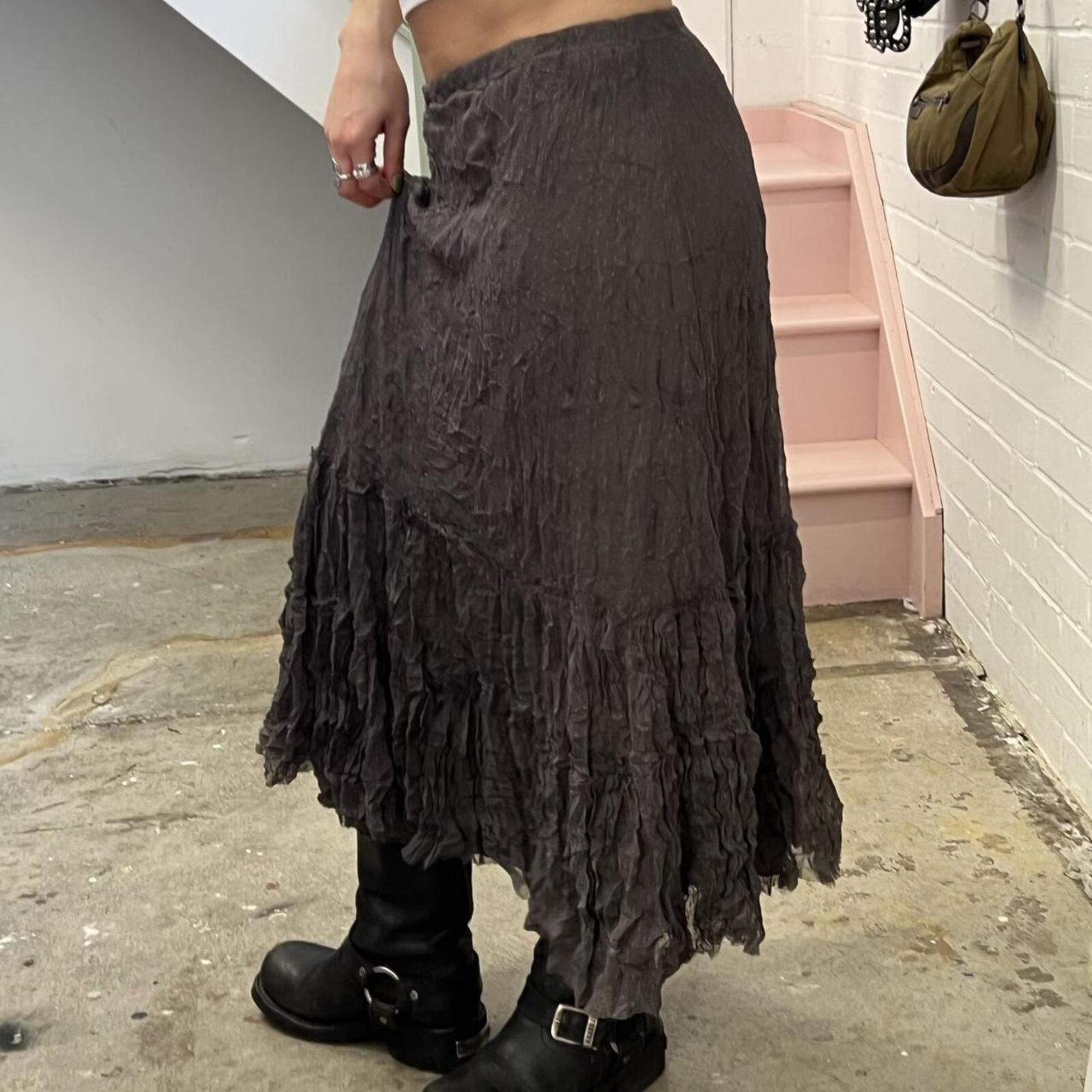 grey brown crinkle mesh vintage floaty maxi skirt
