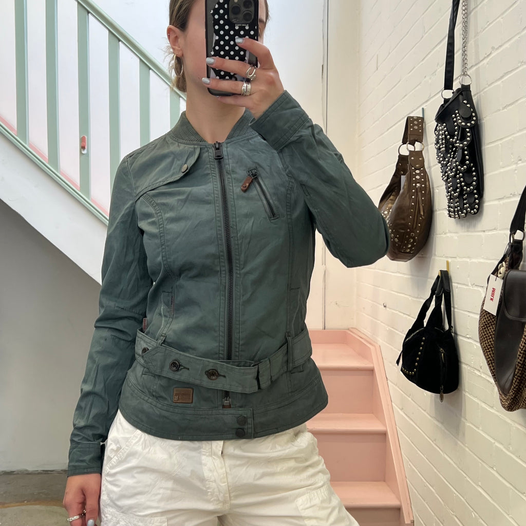 Teal dark green zip up fitted utility style jacket