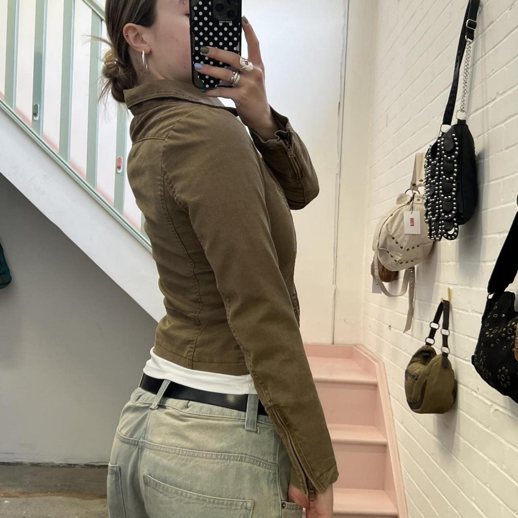 Khaki brown denim fitted zip up biker style vintage jacket