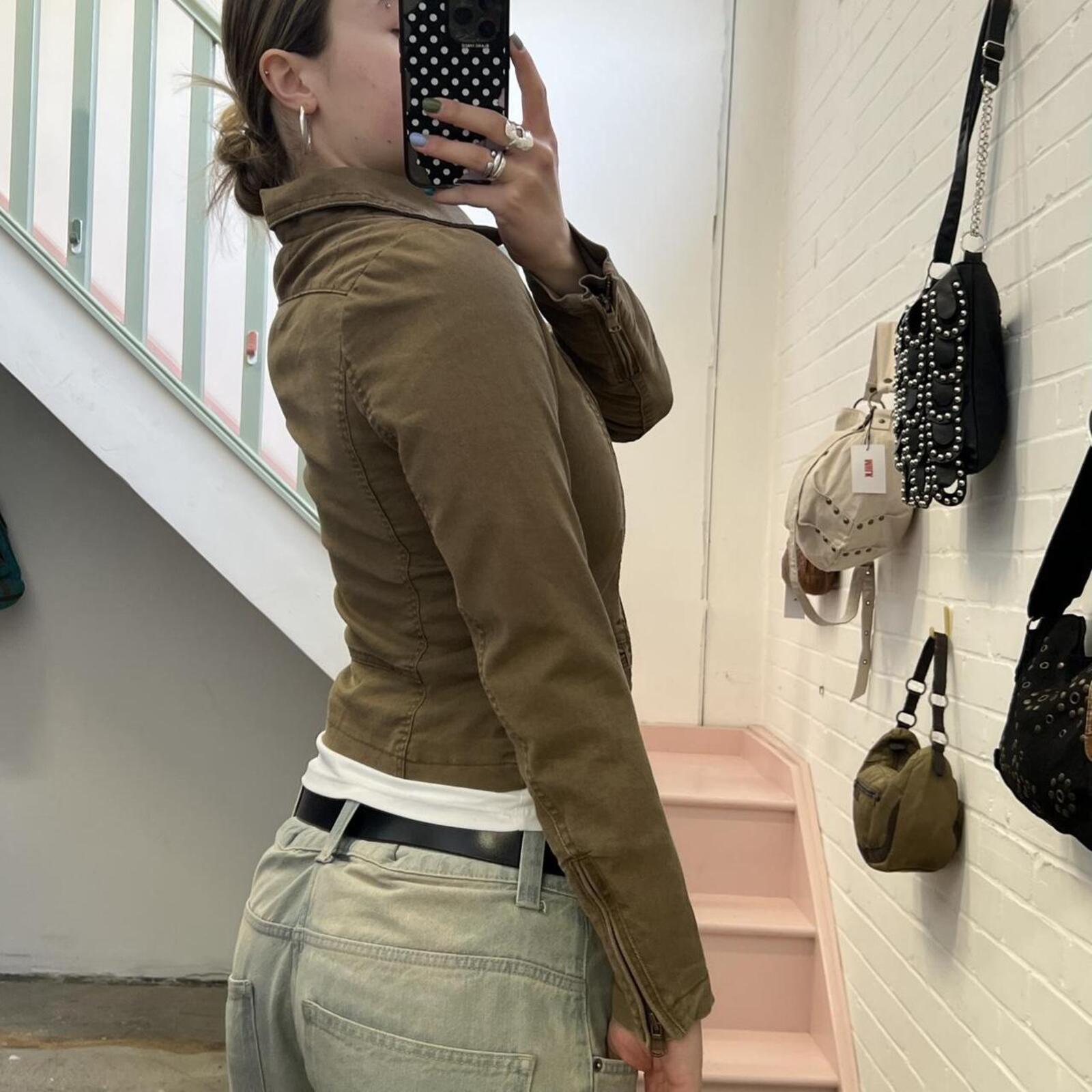 Khaki brown denim fitted zip up biker style vintage jacket