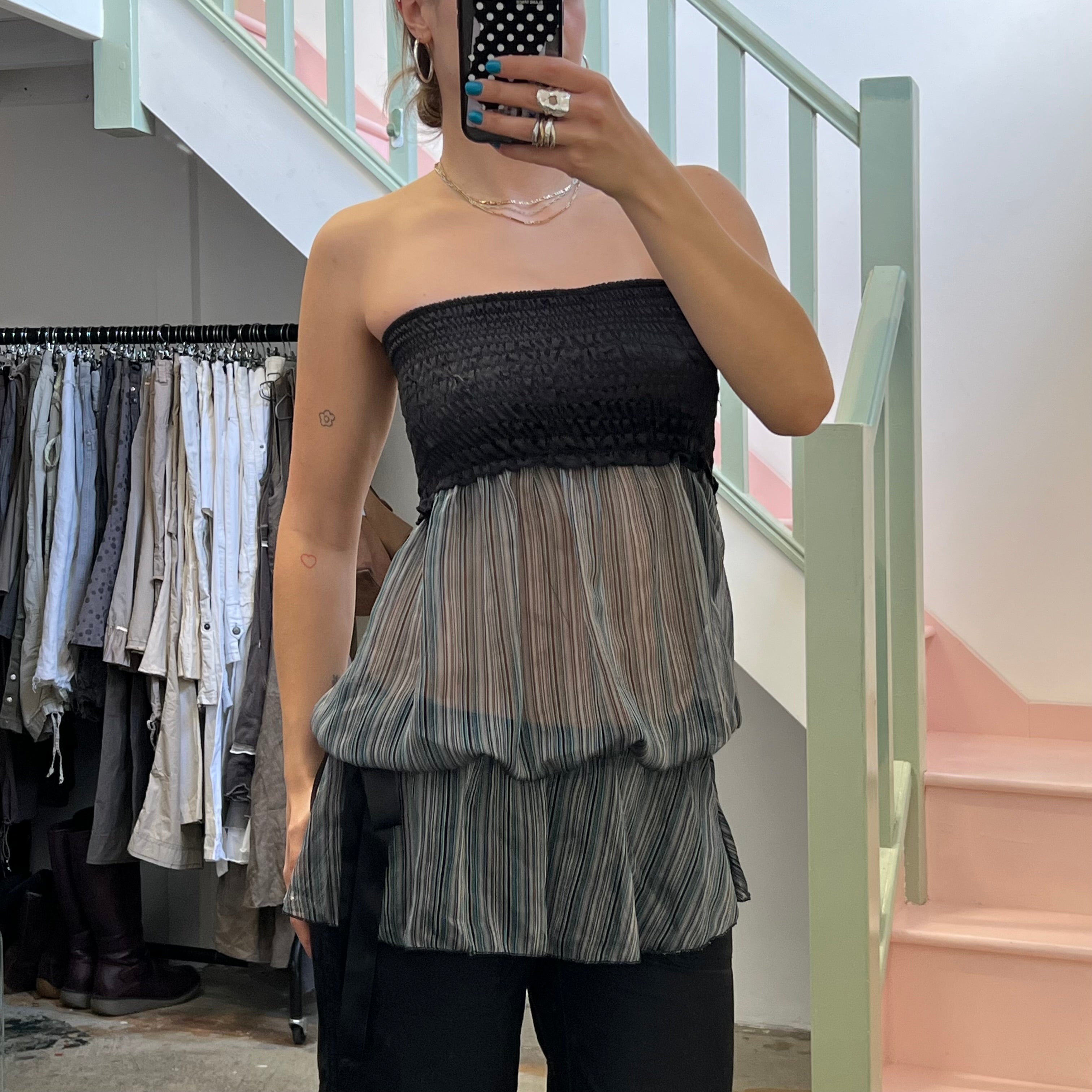 Sheer stripey drop waist strapless top