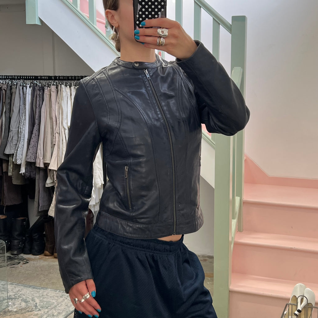 Naf Naf navy leather biker jacket