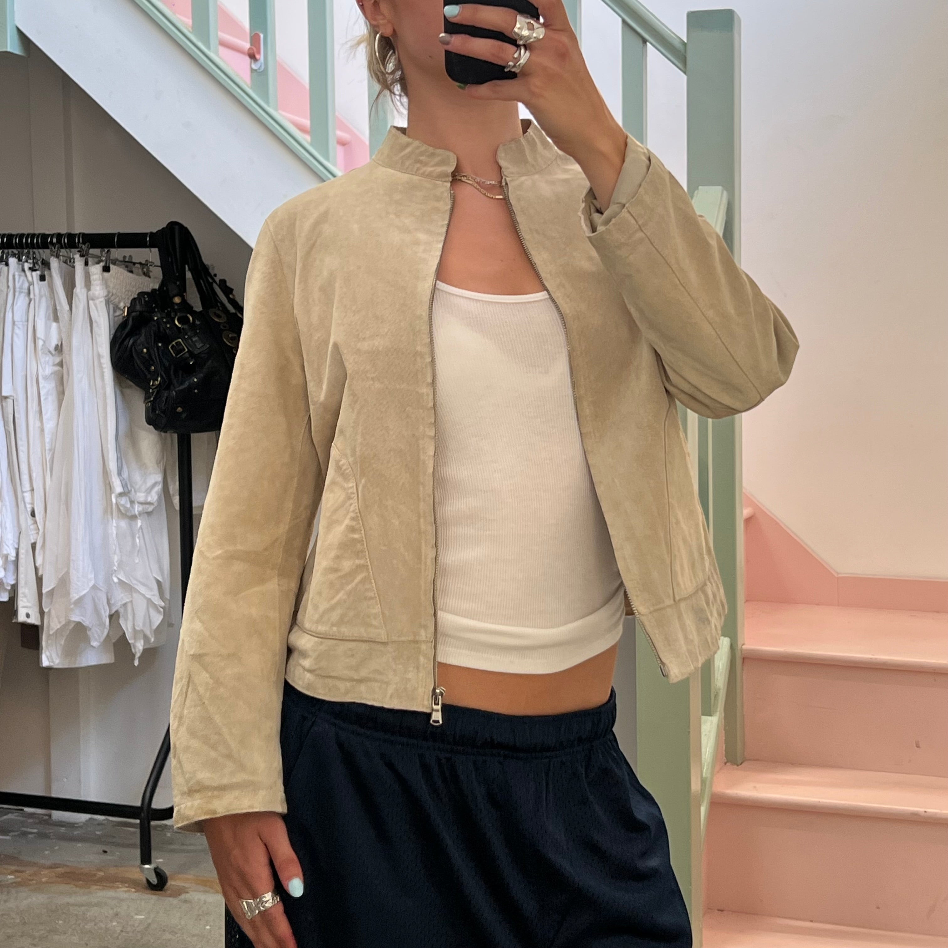 Cream suede zip up fitted jacket