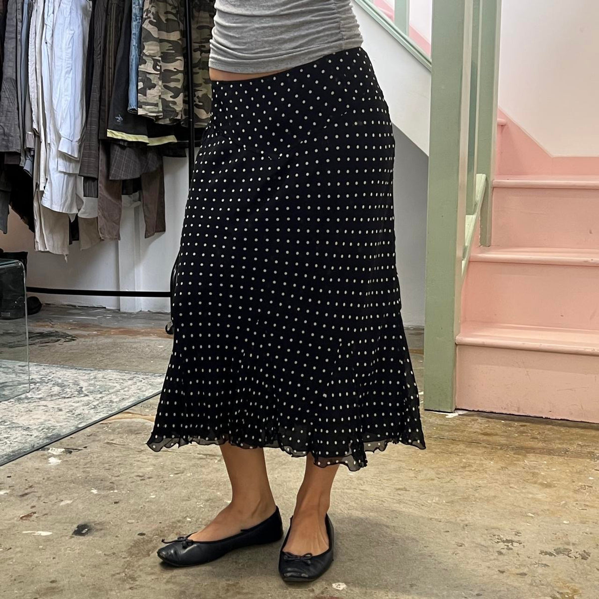 Black and grey polka dot maxi skirt