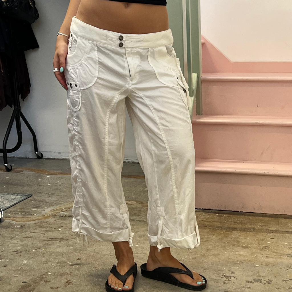 White wide leg baggy cargo capris