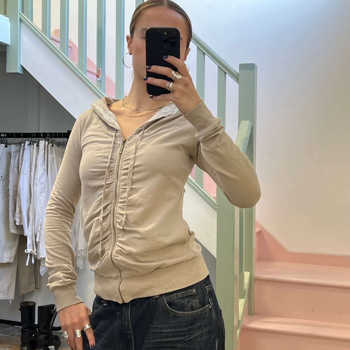 Cream ruched hoodie