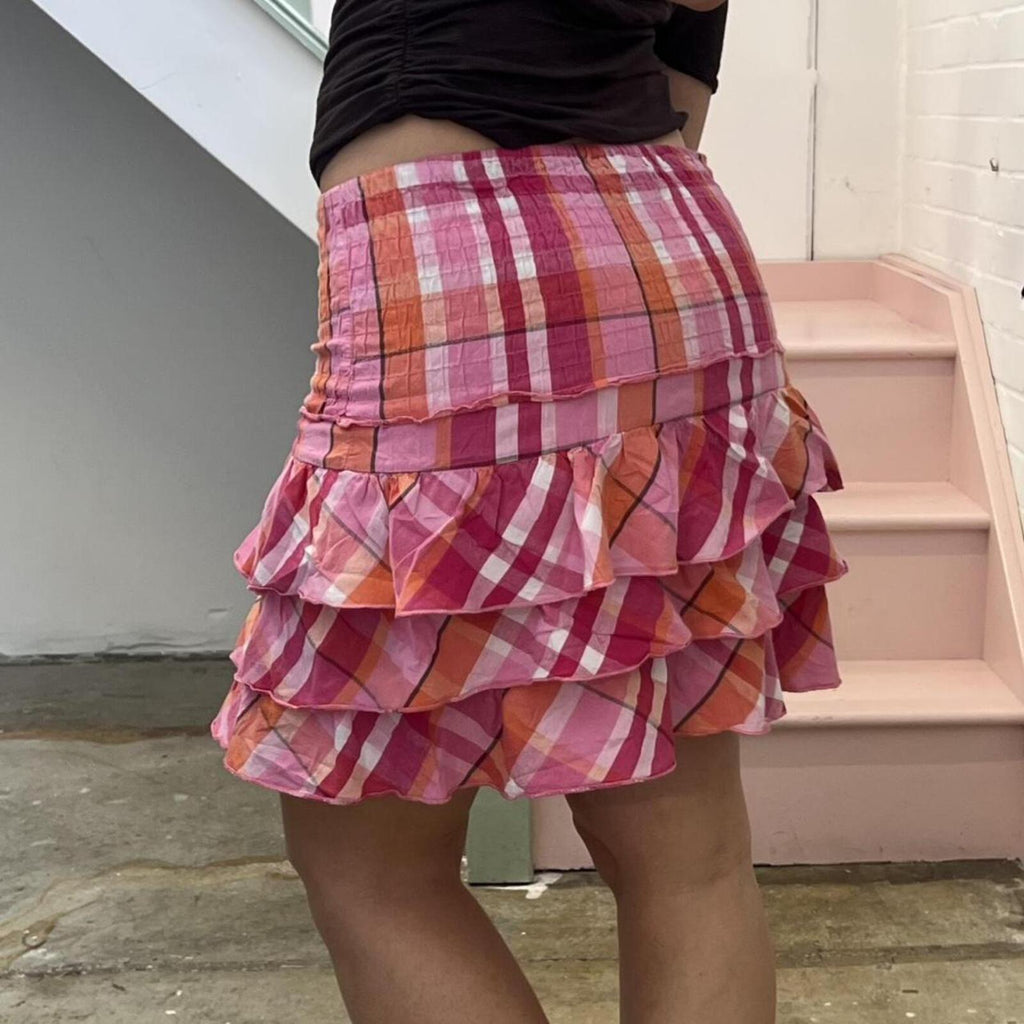 pink gingham ruffle frilly mini skirt with foldable waist