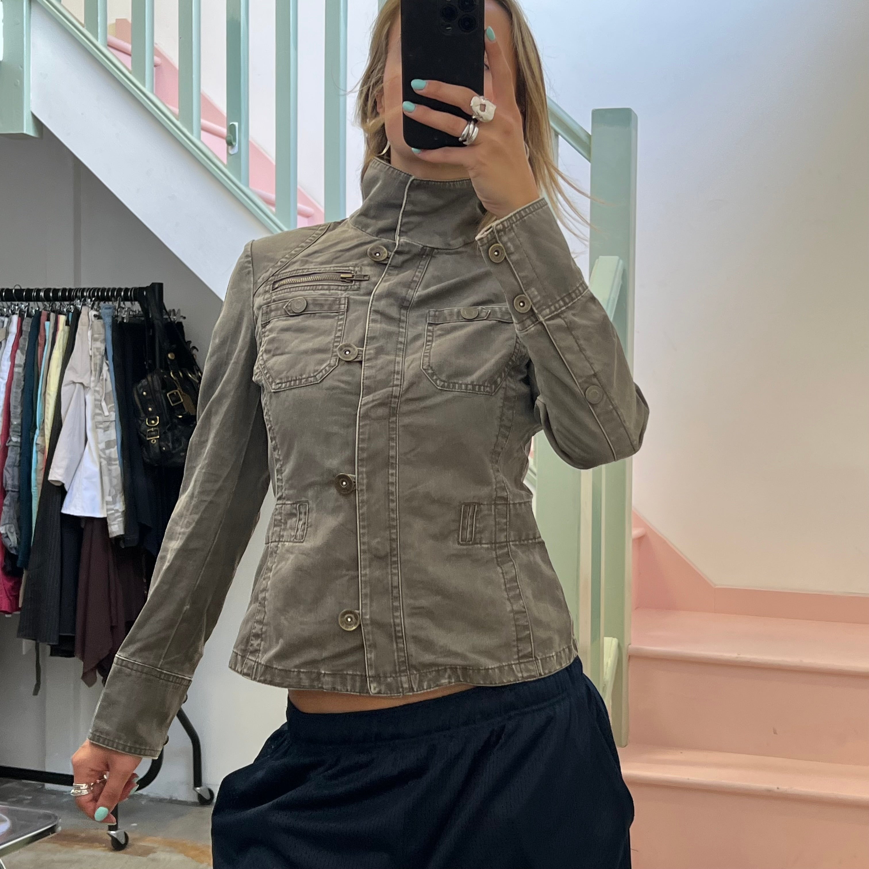 Mexx khaki fitted button up utility style jacket