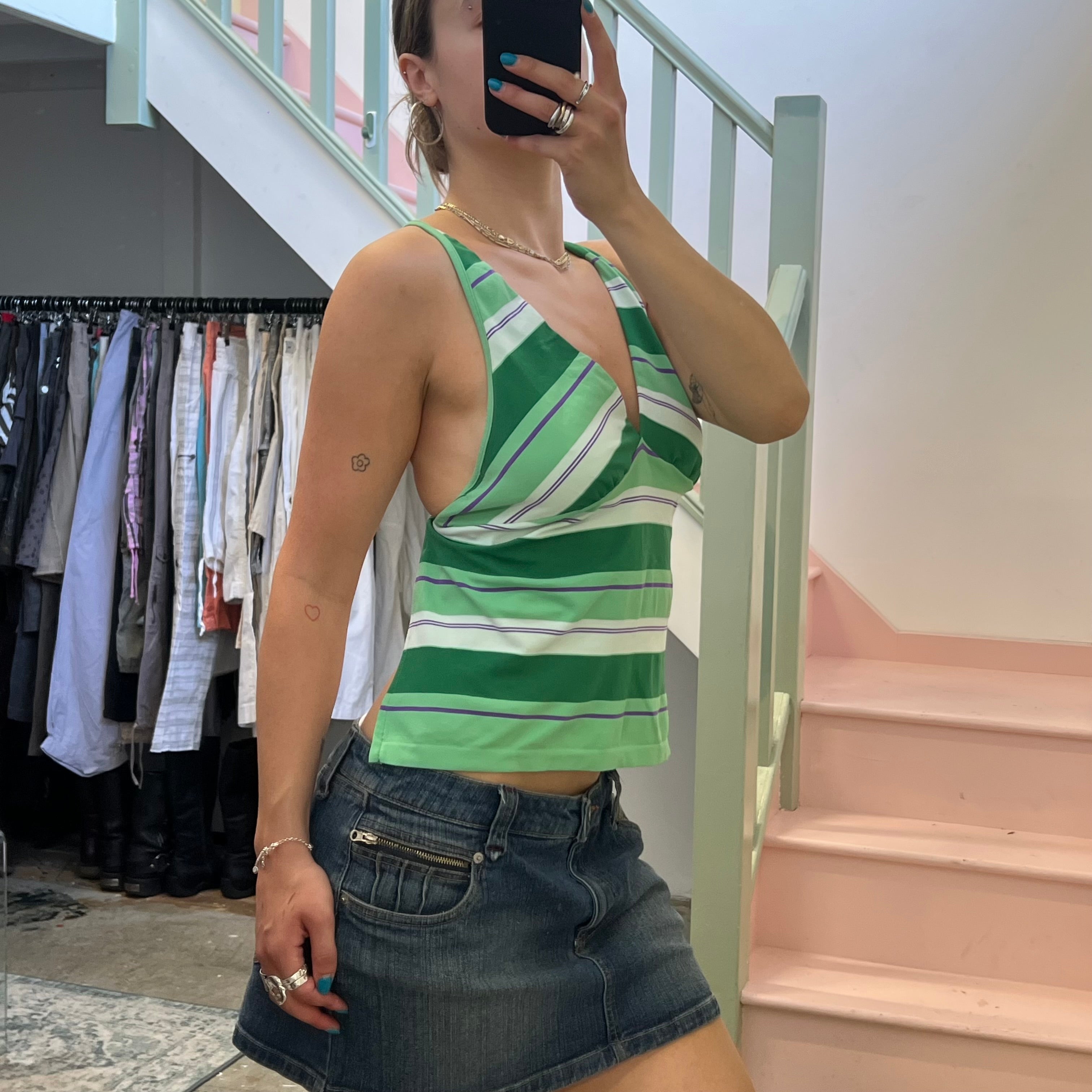Benetton green stripe backless halter vest