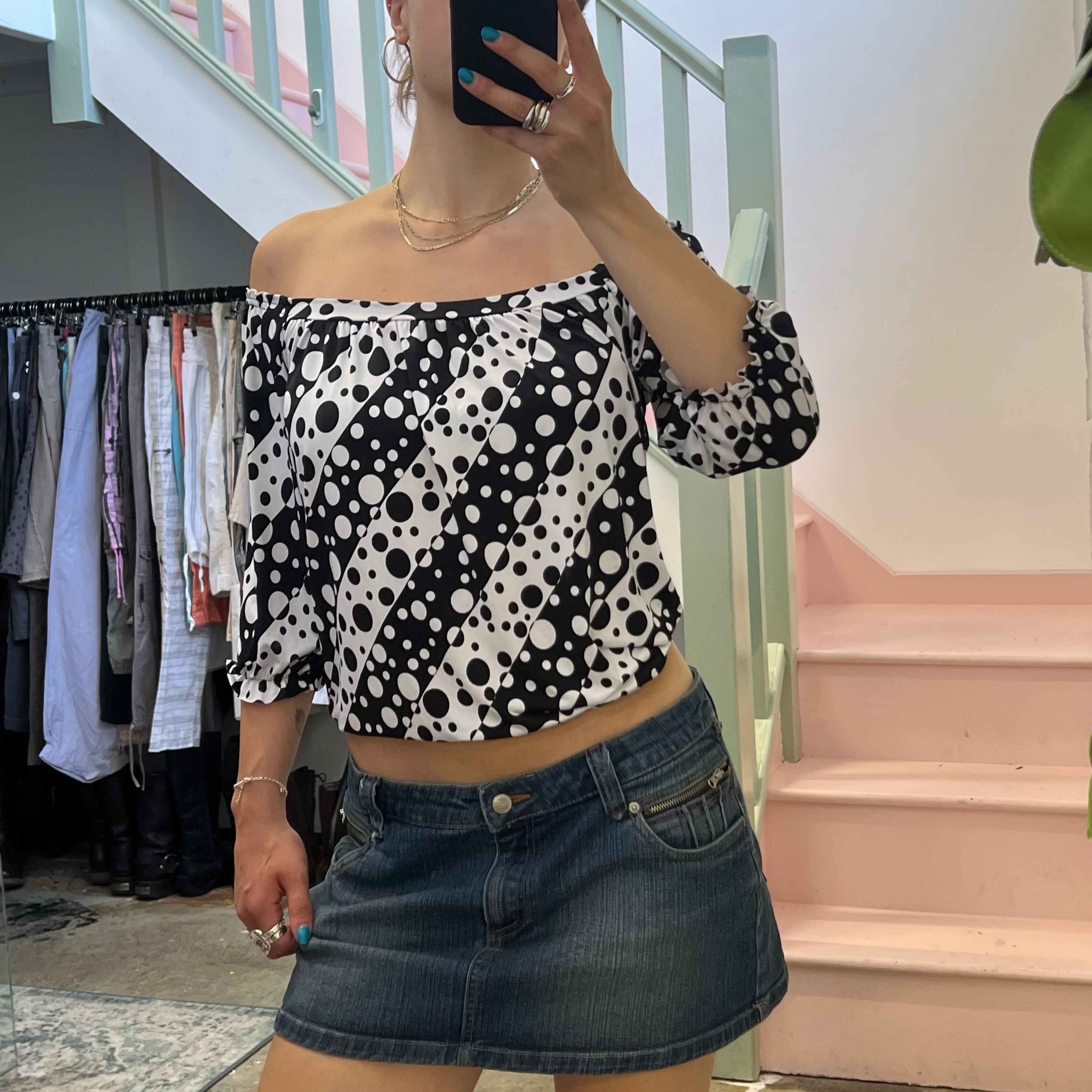 Black and white polka dot off shoulder top