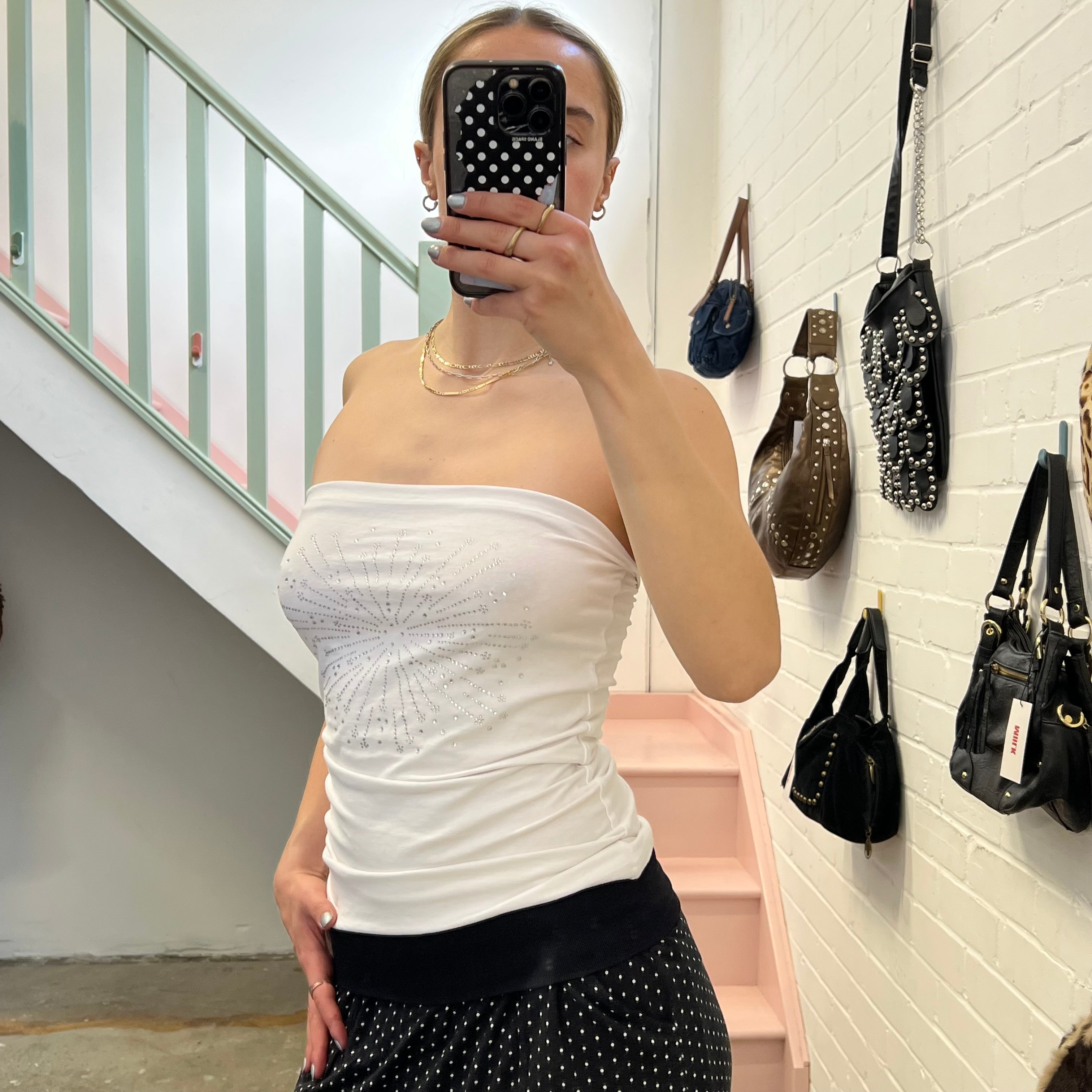 White strapless top with silver gems