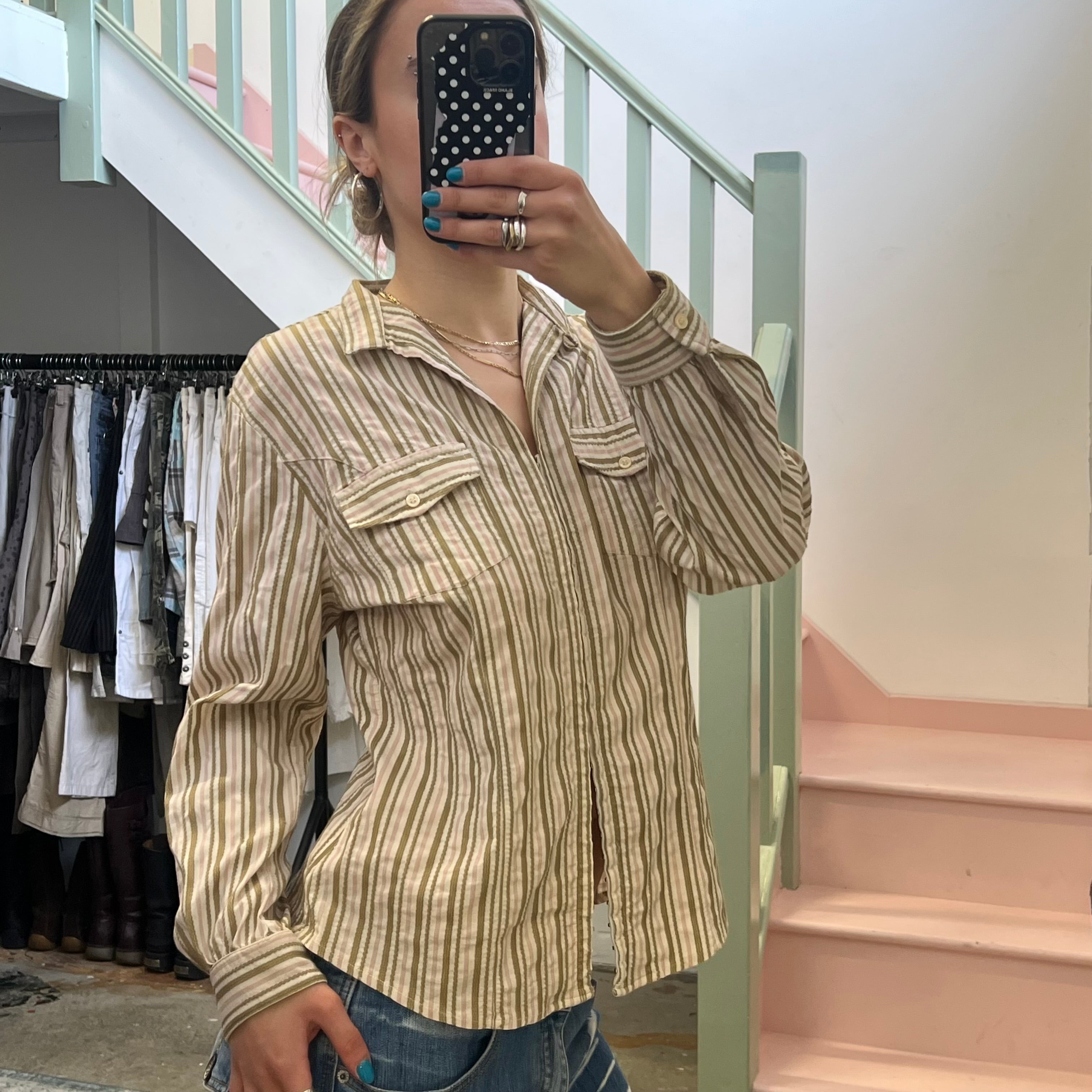 Pink and khaki stripe shirt with hook and eye clasps