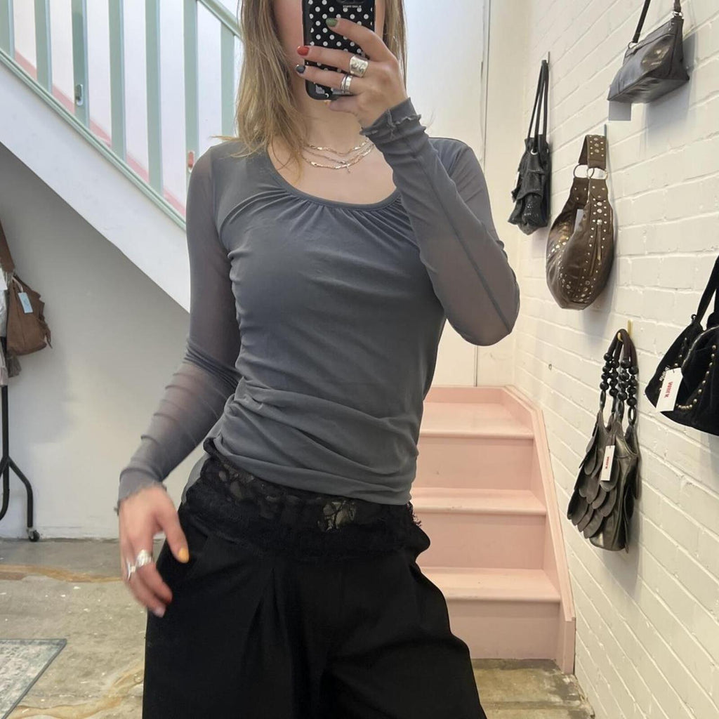 Grey mesh long sleeve ruched fitted top with black lace under layer