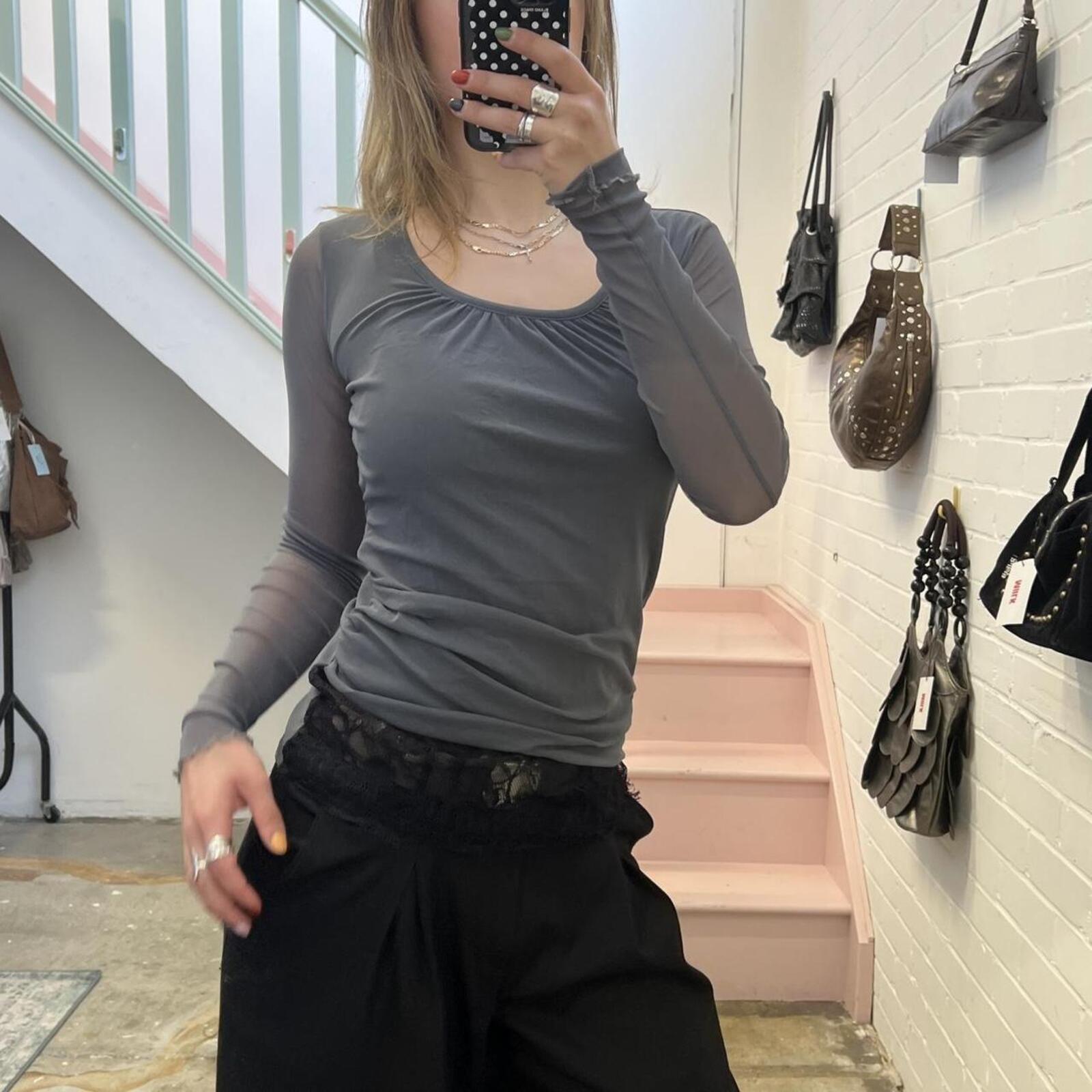 Grey mesh long sleeve ruched fitted top with black lace under layer