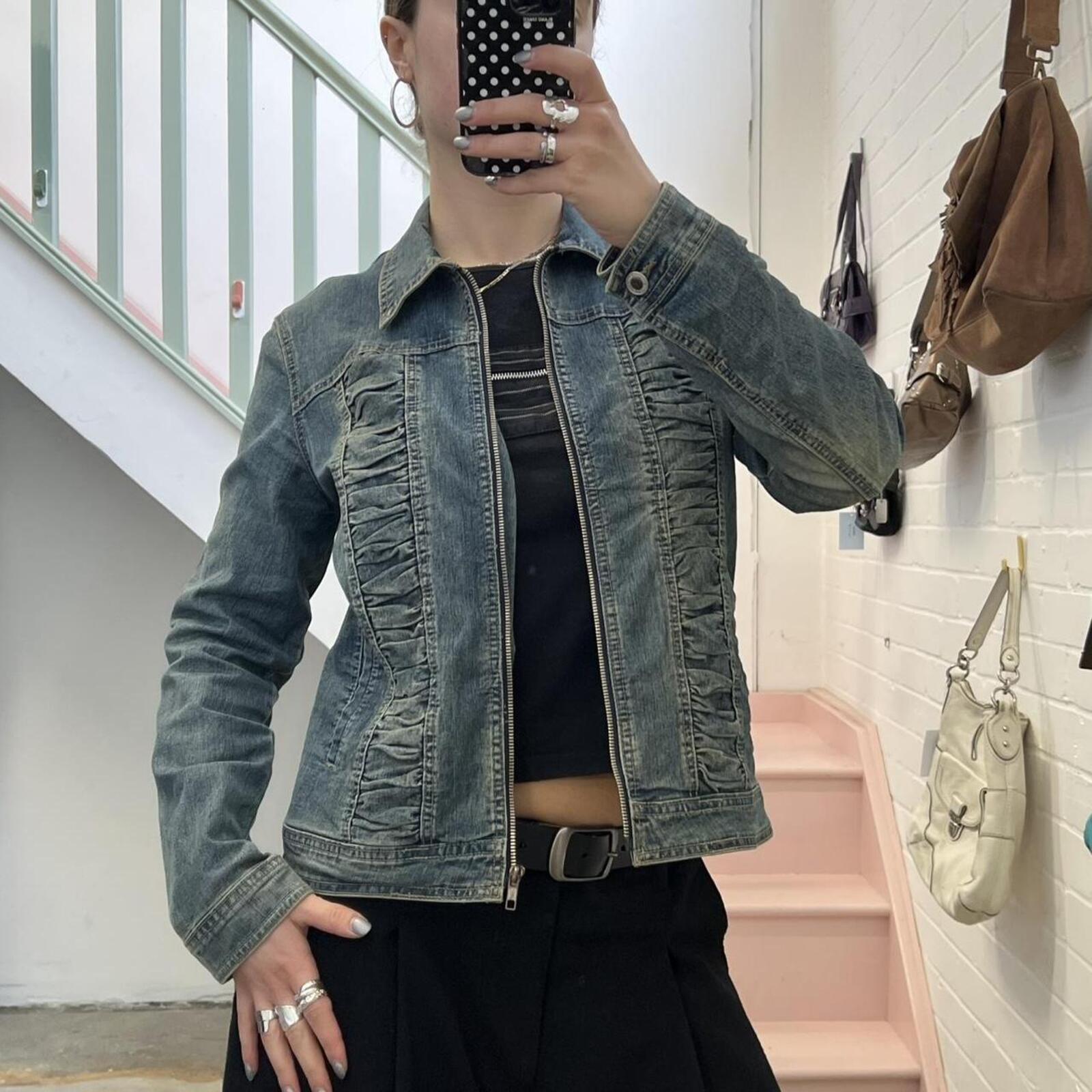 light wash vintage zip up denim jacket with ruching detail