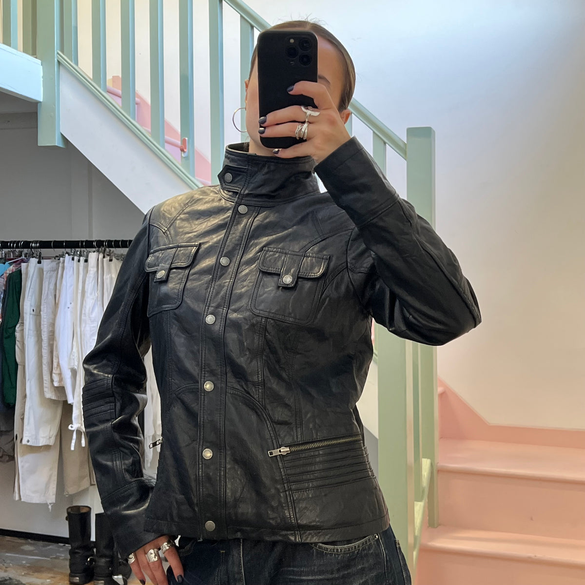 Black leather button up utility jacket