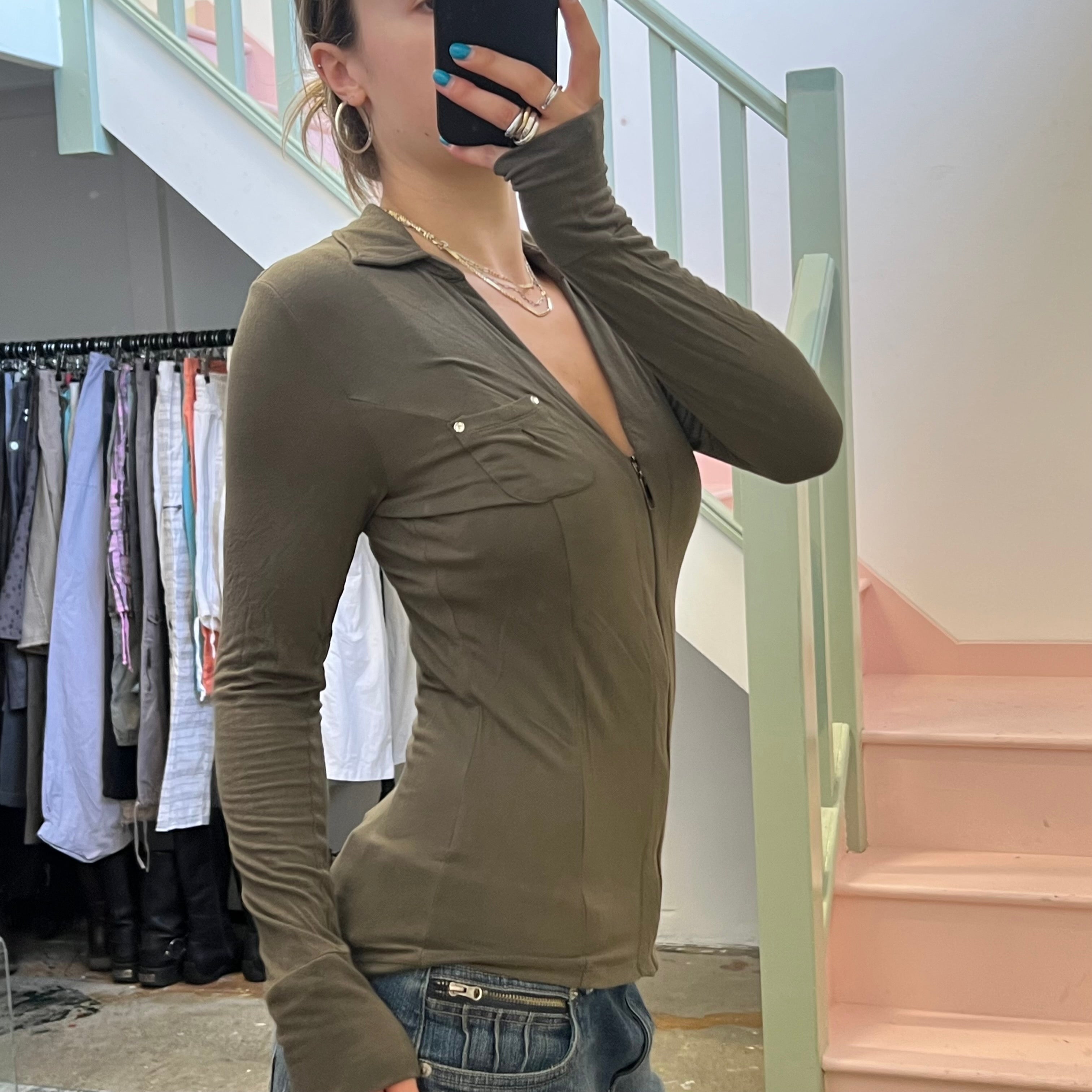 Khaki long sleeve zip up top