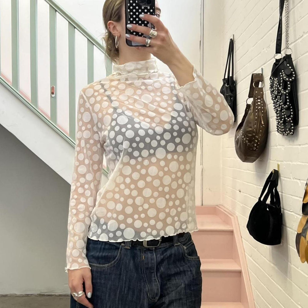 white polka dot mesh high neck top