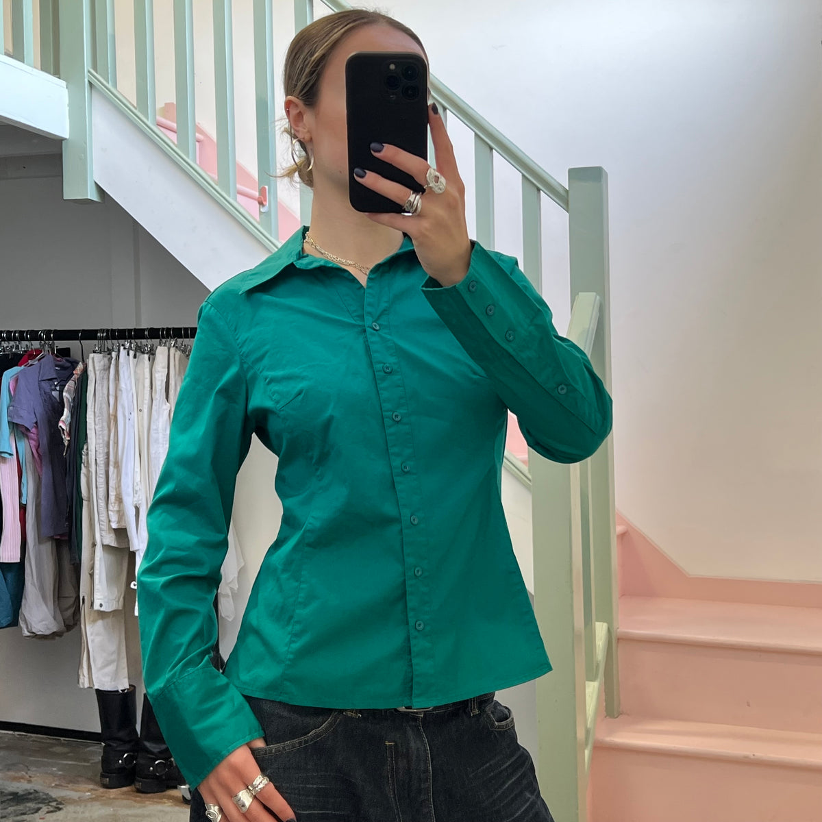Dark green turquoise fitted shirt