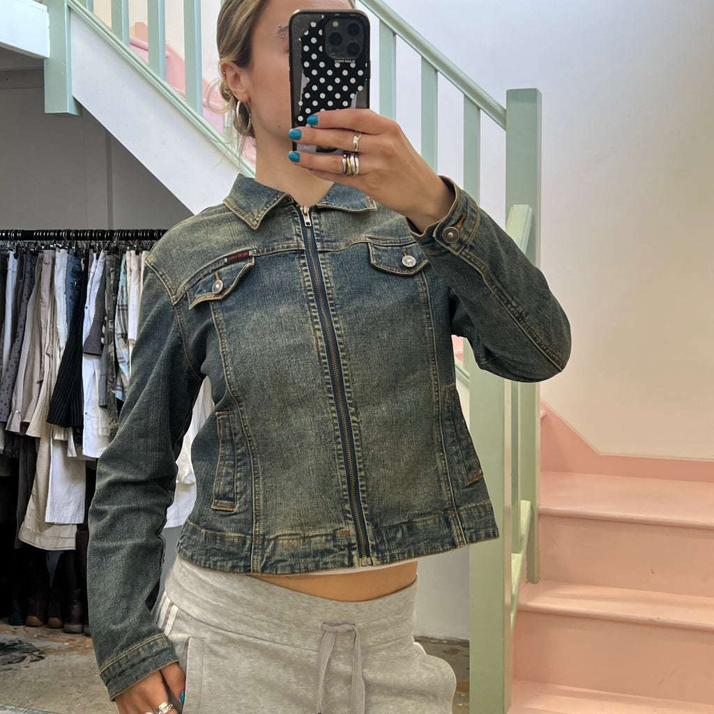 Acid wash zip up denim jacket