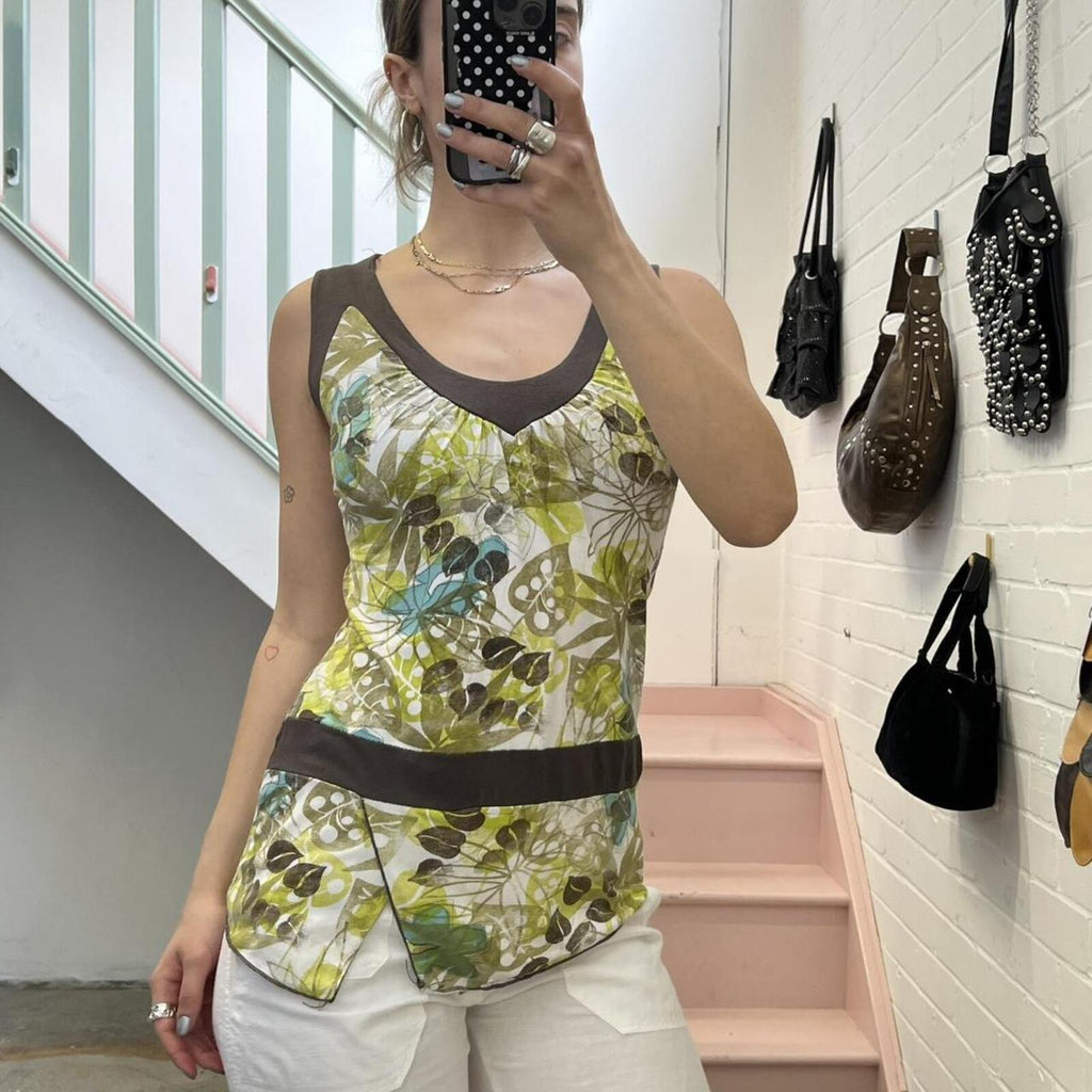 green brown and white graphic print vintage vest top with drop waistband