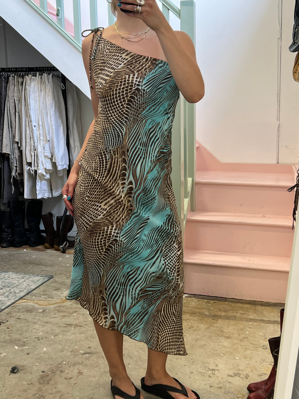 Brown and blue snakeskin one shoulder slip dress