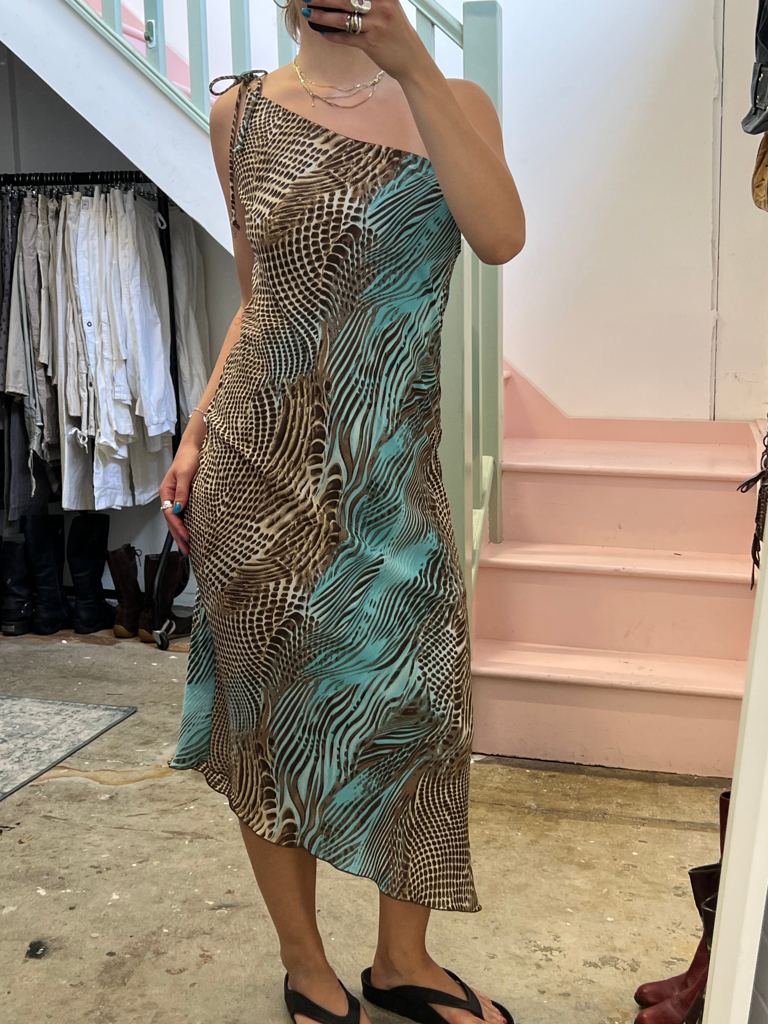 Brown and blue snakeskin one shoulder slip dress