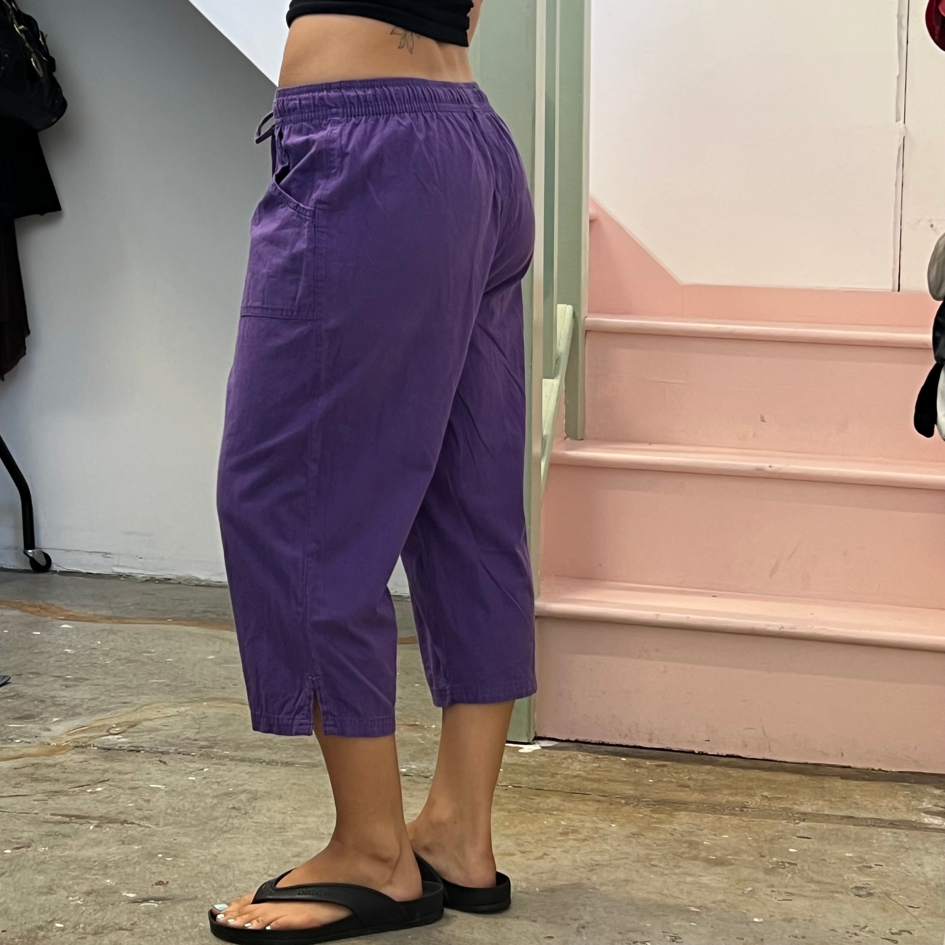 Purple cotton tie waist capris