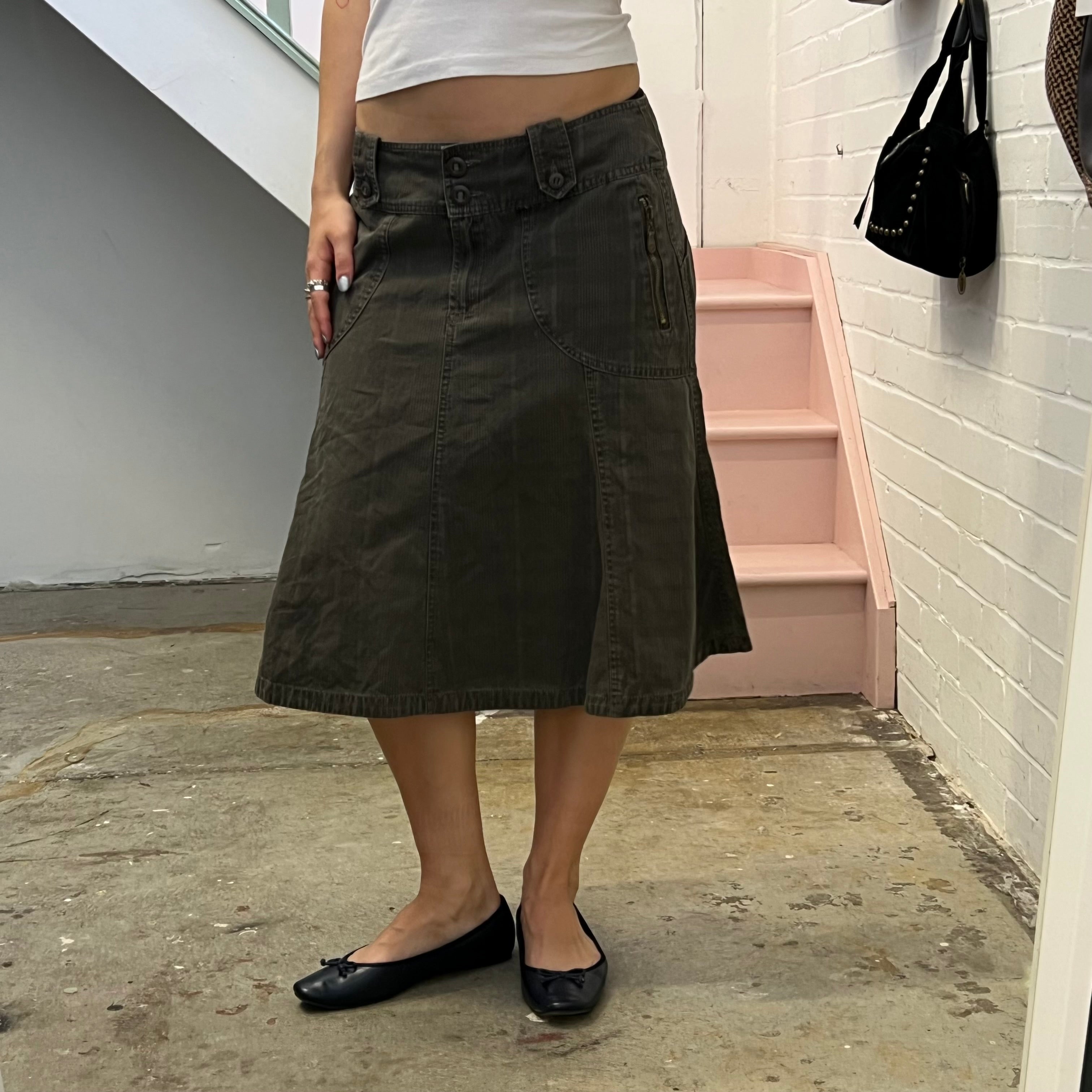 Brown check denim midi skirt