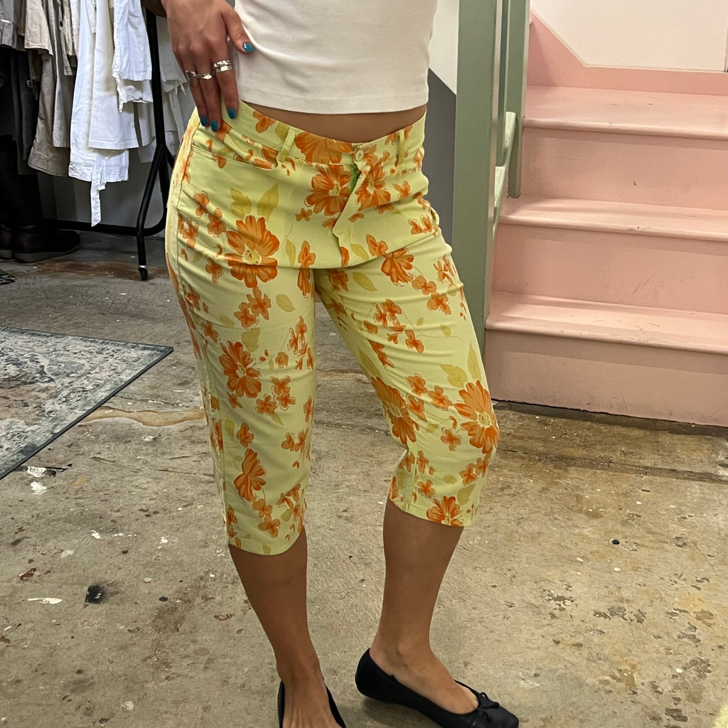 Yellow and orange floral fitted tailored capris