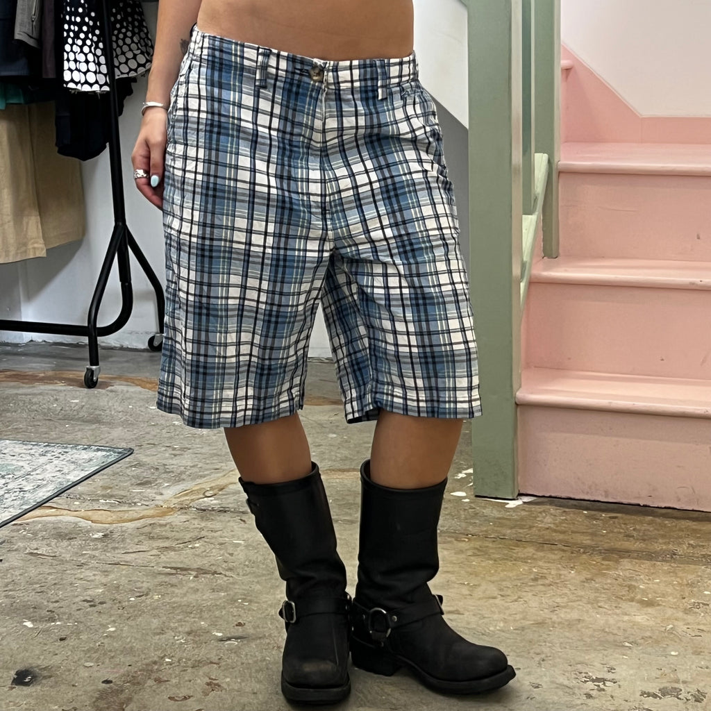 Blue and white checkered baggy shorts