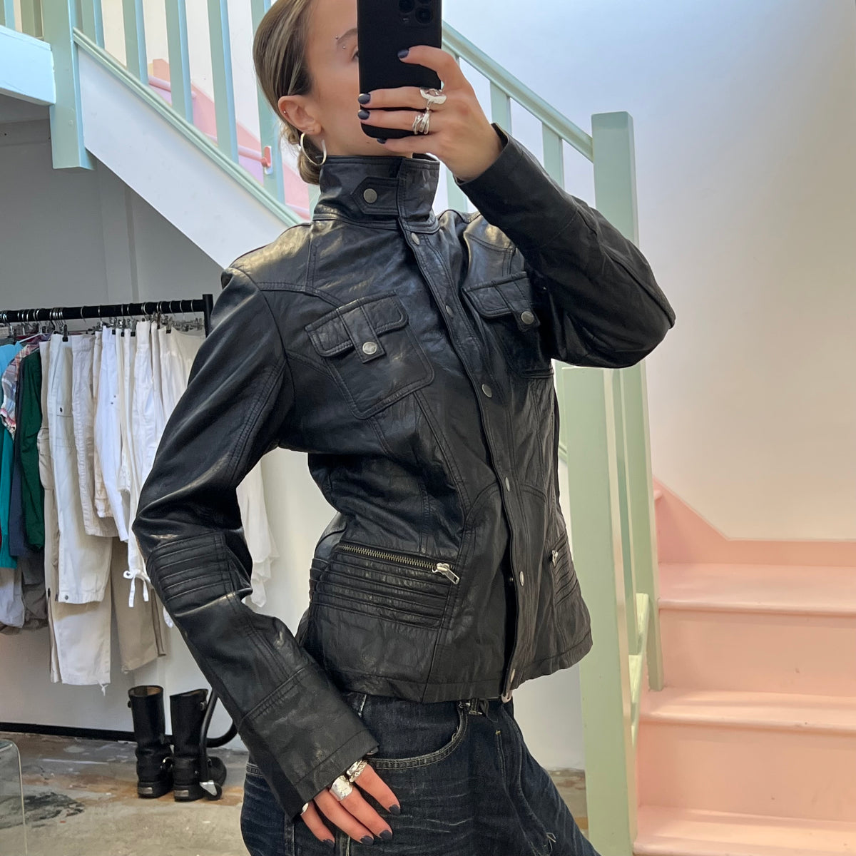 Black leather button up utility jacket