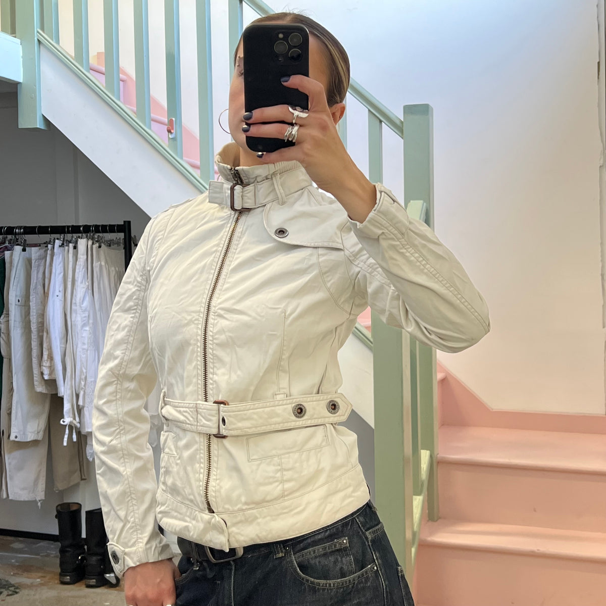 White fitted lightweight biker jacket