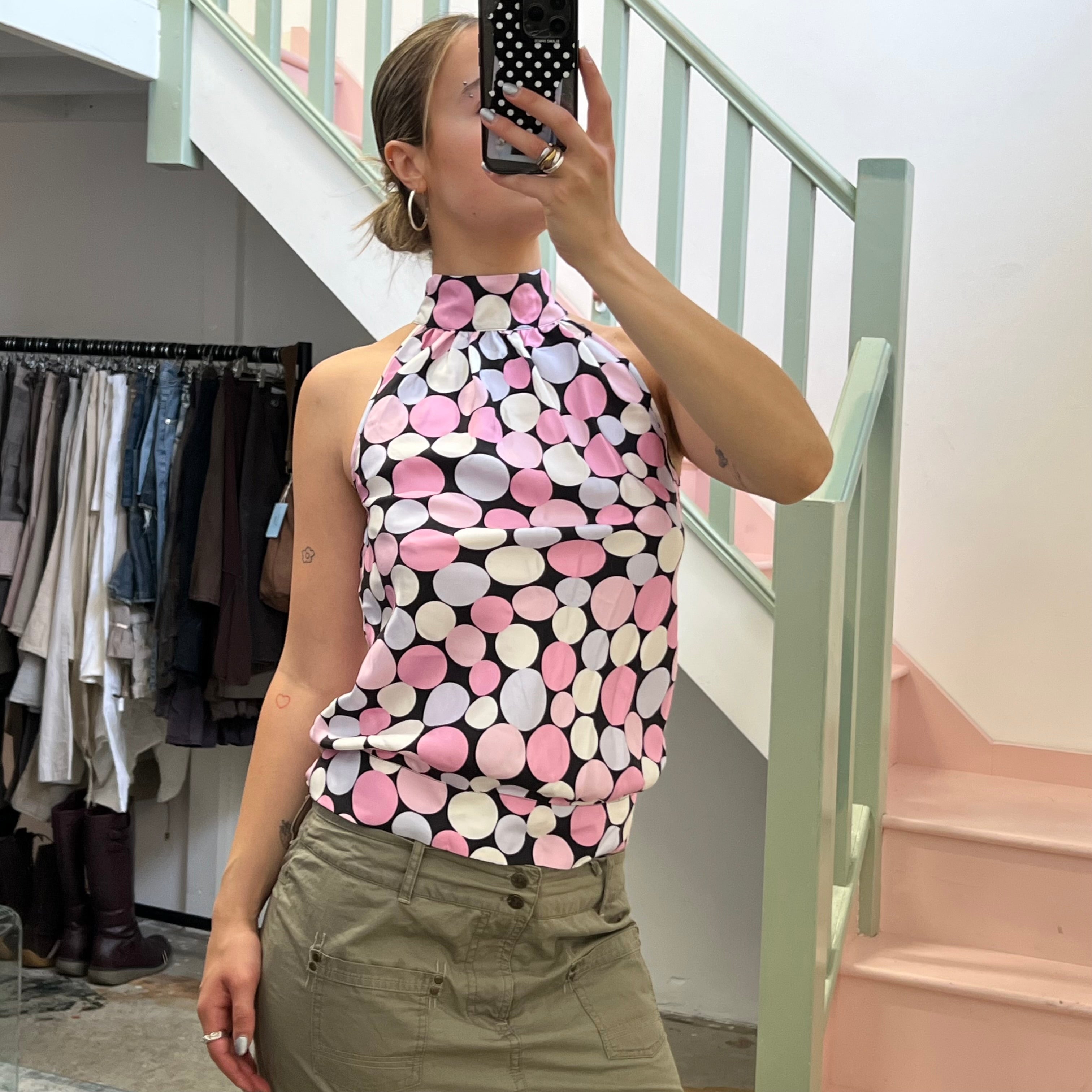 Pastel pink polka dot high neck vest