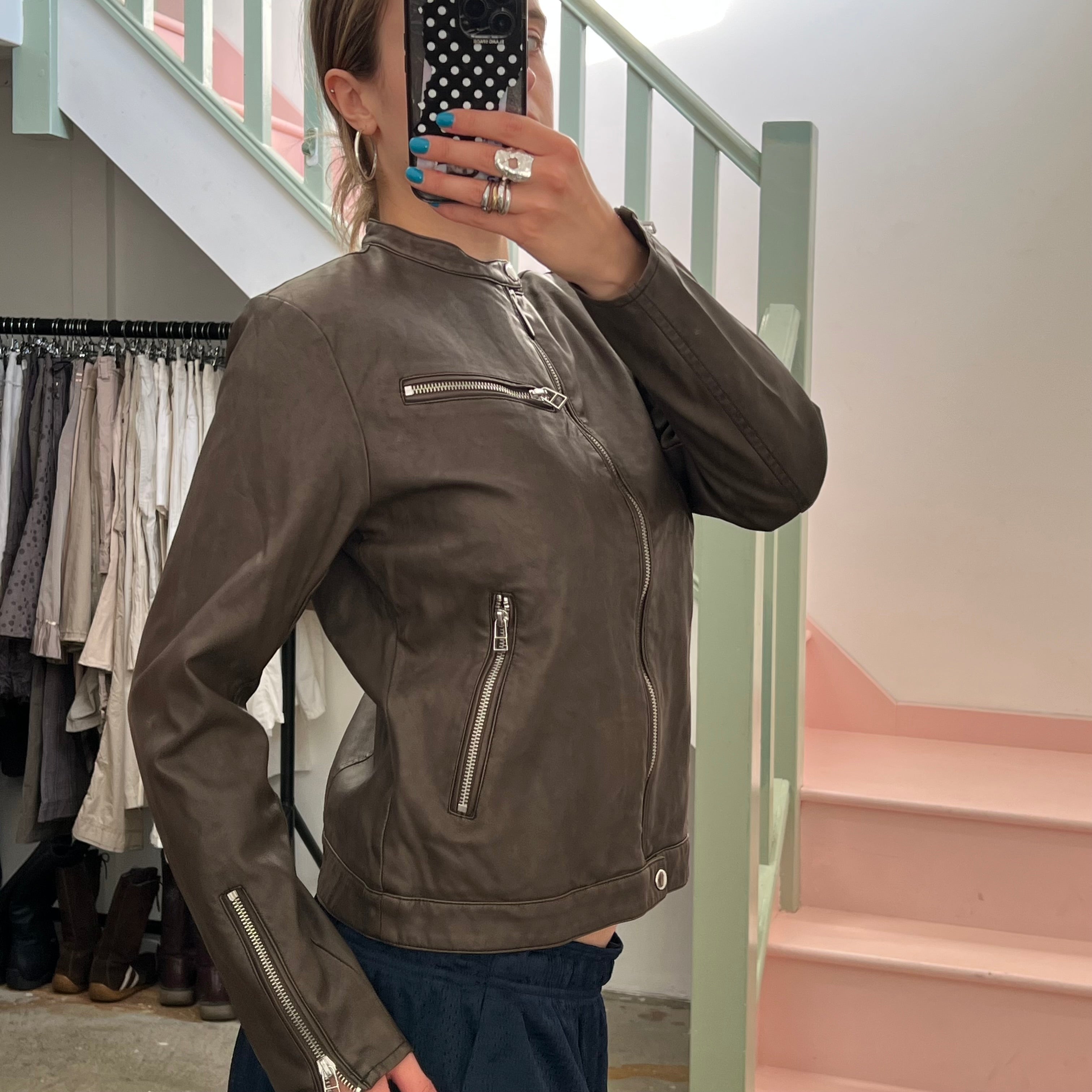 Dark brown leather biker jacket