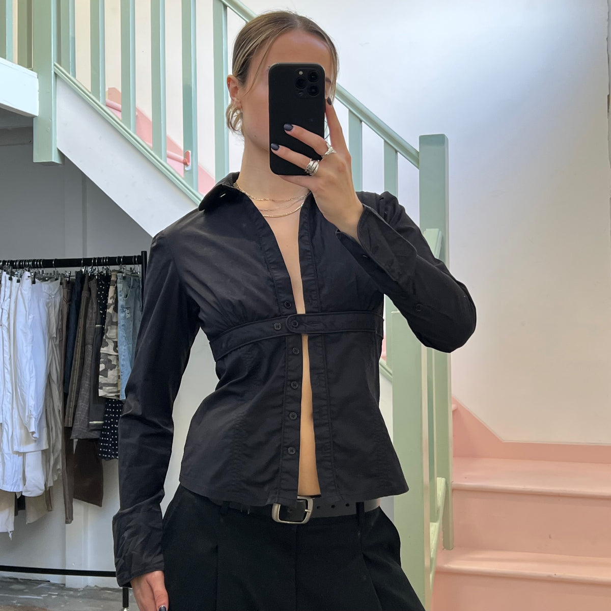 Black fitted button up shirt
