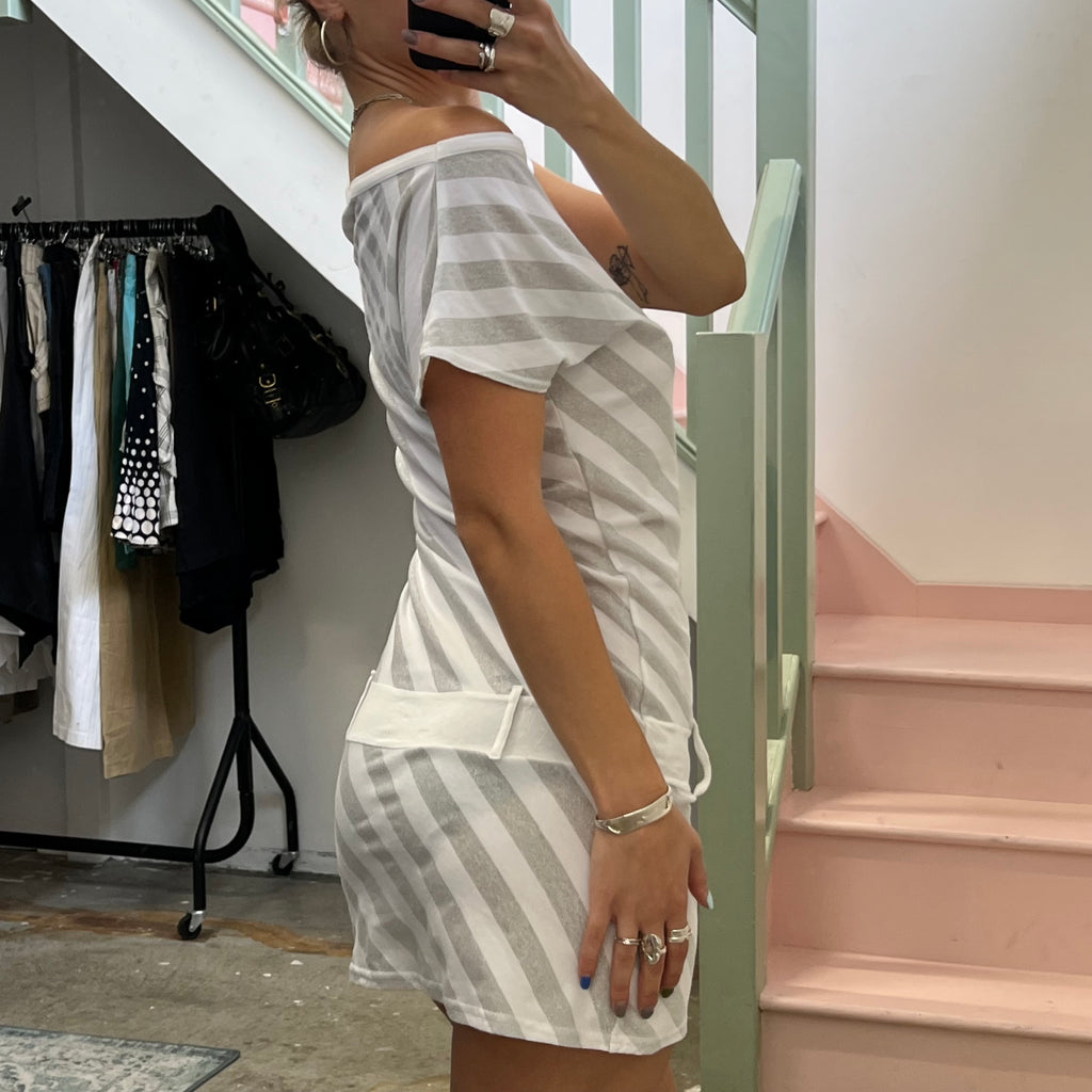 White and silver striped drop waist slouchy mini dress