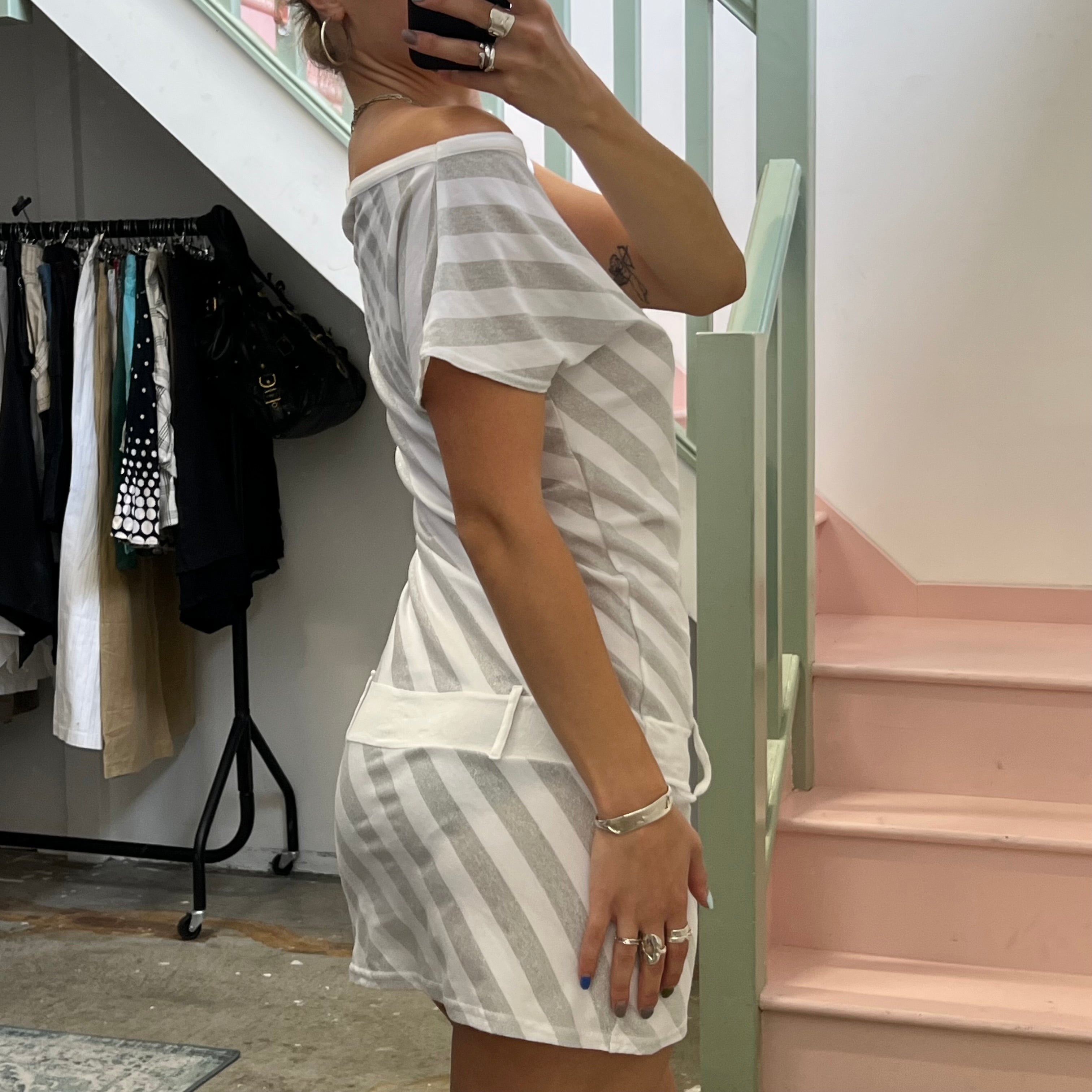 White and silver striped drop waist slouchy mini dress