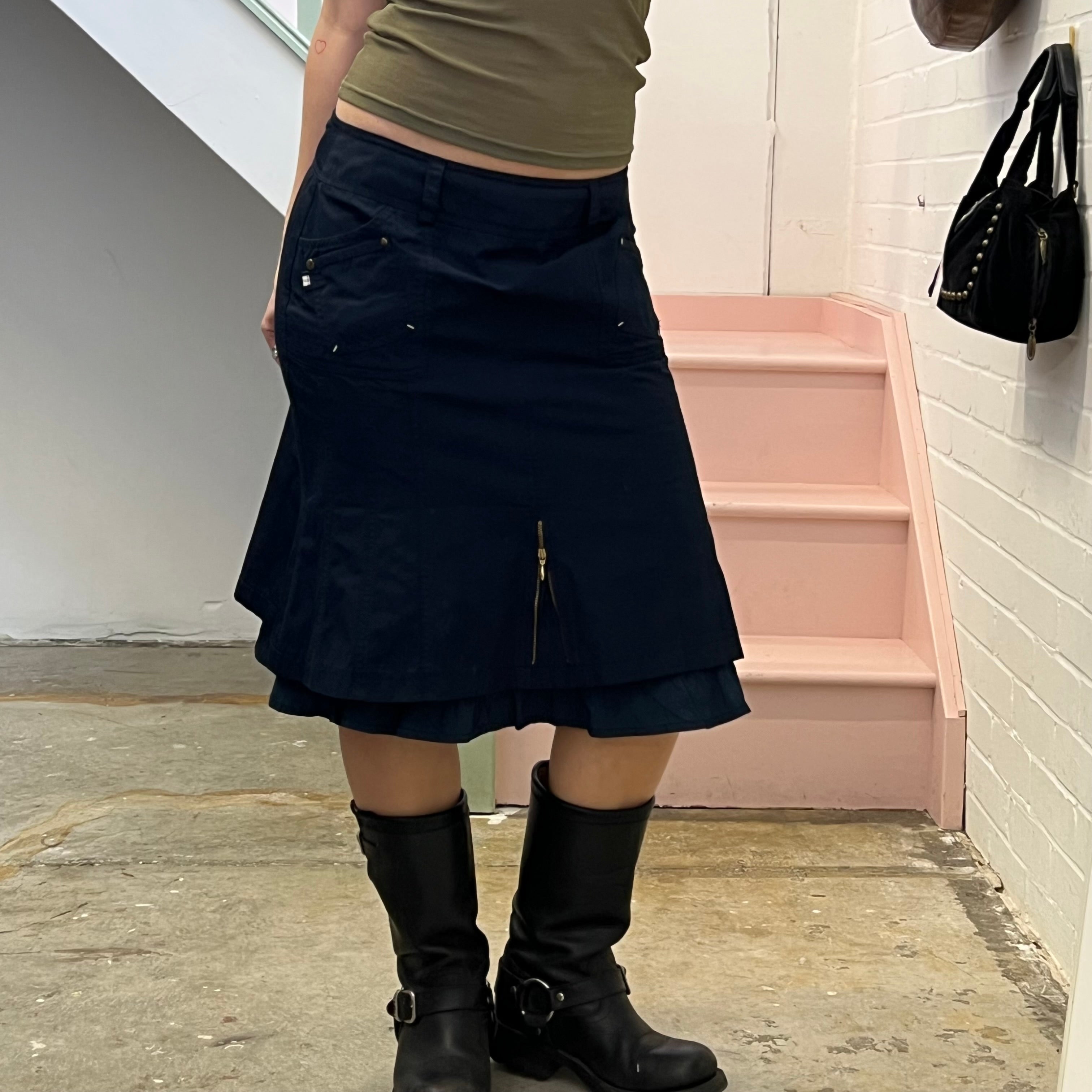 Biba navy layered utility style midi skirt