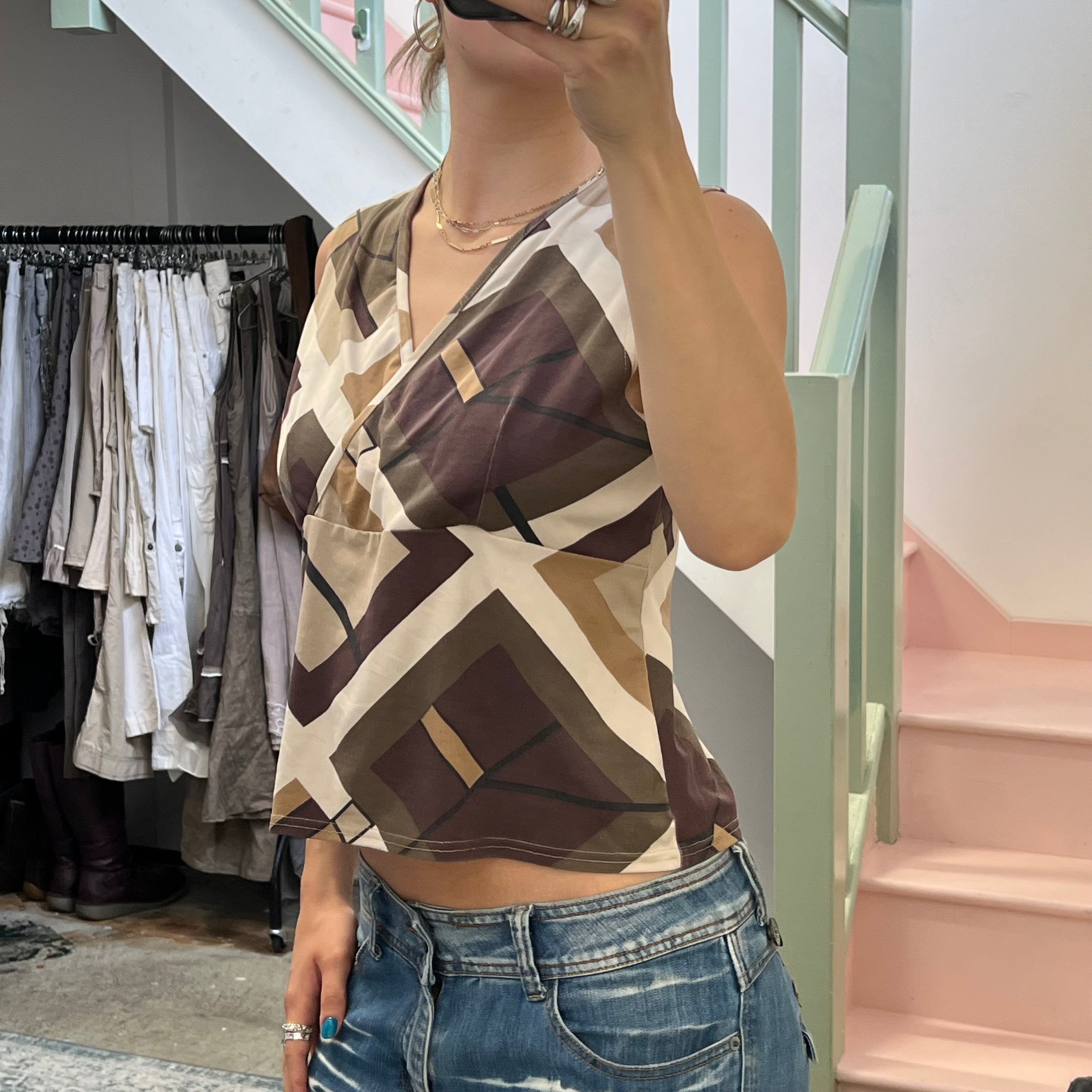 Brown and cream geo print vest