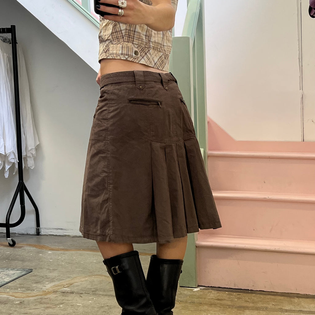 Brown belted cargo midi skirt