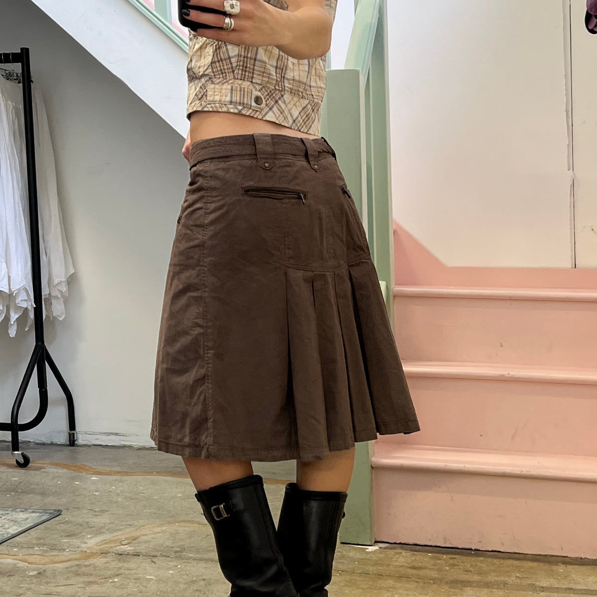Brown belted cargo midi skirt