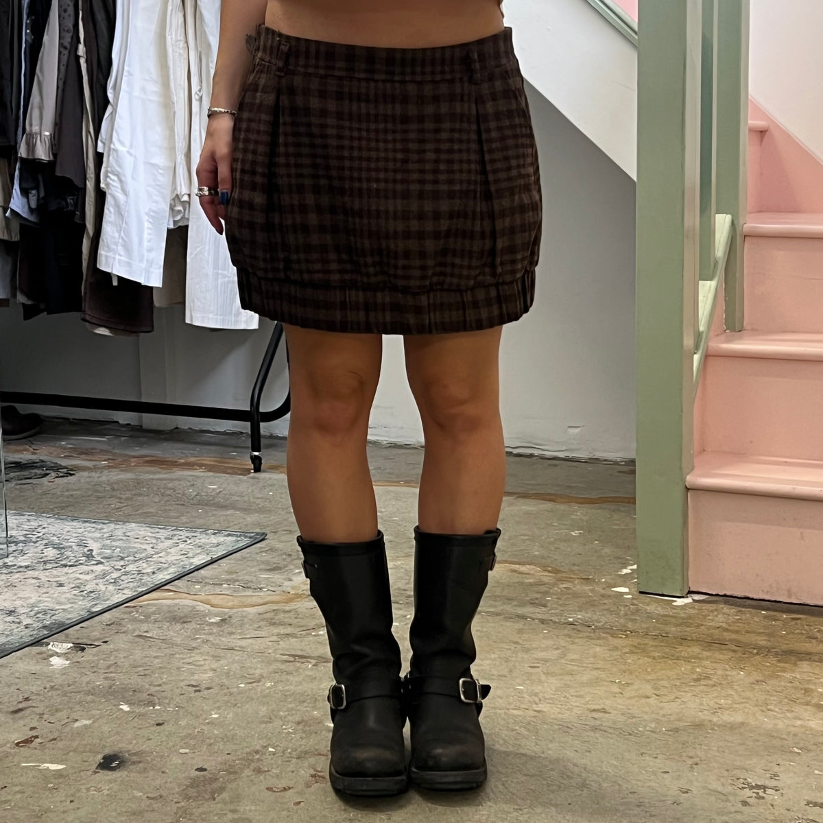 Sisley brown checkered mini bubble skirt