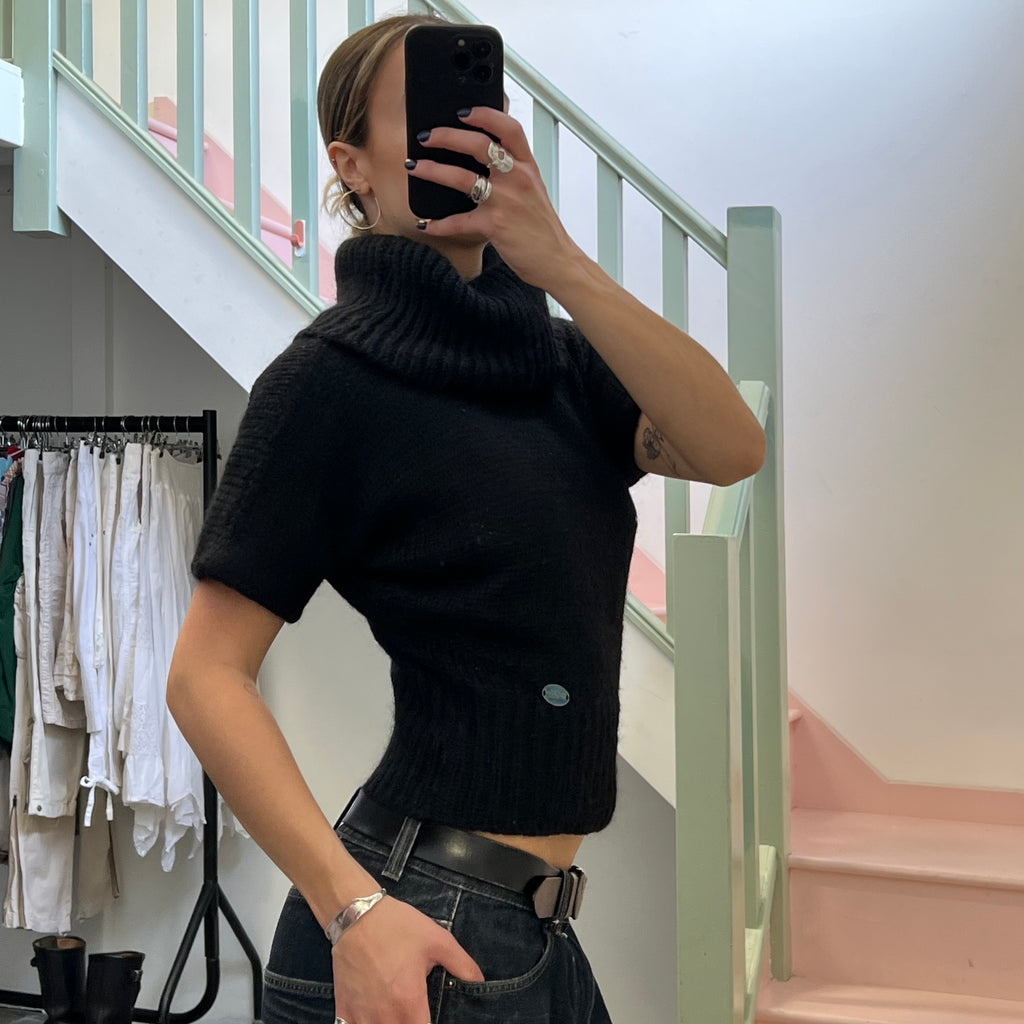 Black short sleeve roll neck batwing sweater