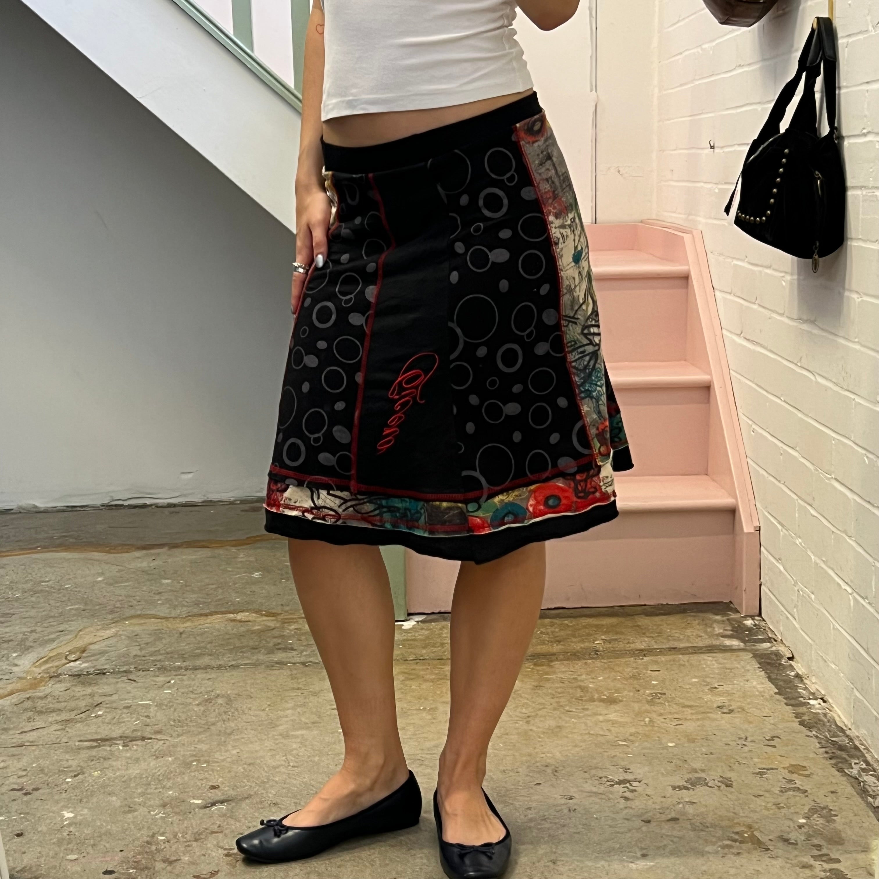 Black graphic print patchwork midi skirt